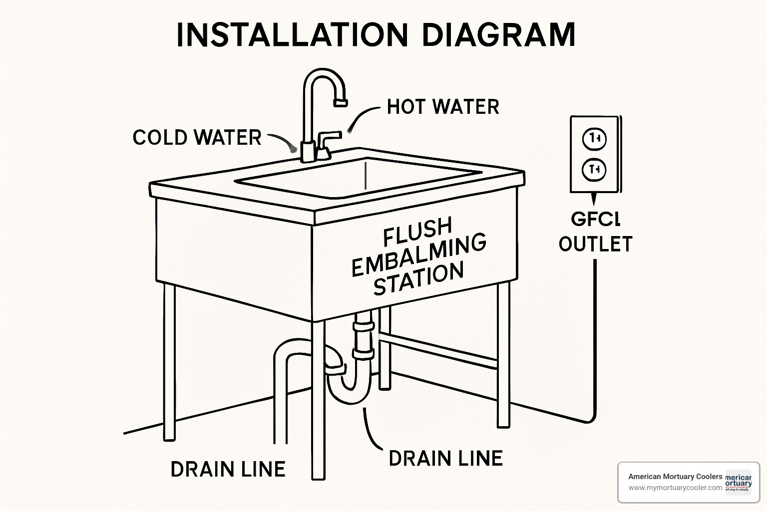 Installation diagram showing plumbing connections for a Mopec flush embalming station - mopec flush embalming station