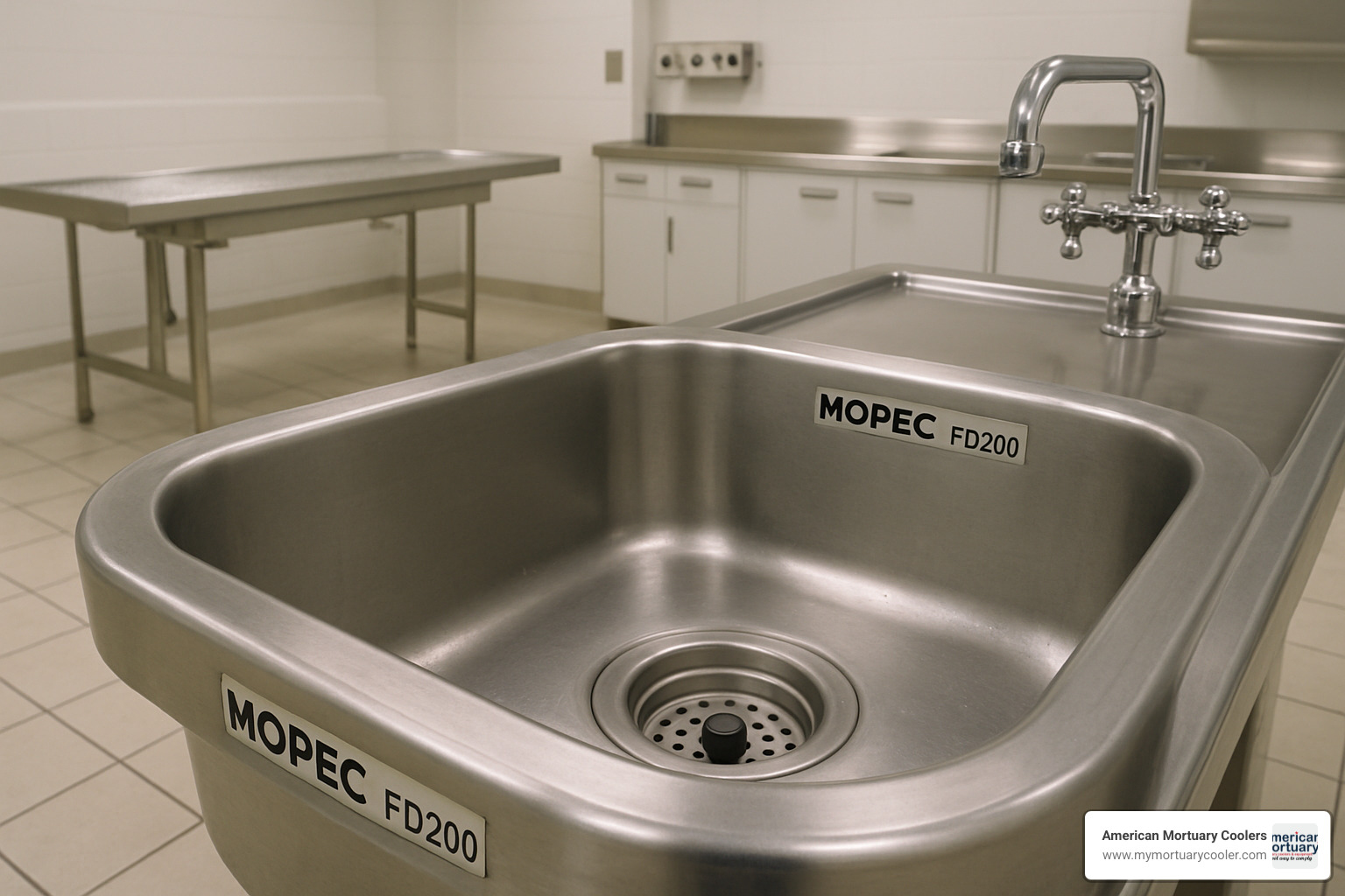 Close-up of Mopec FD200 sink bowl showing depth and drain configuration - mopec flush embalming station