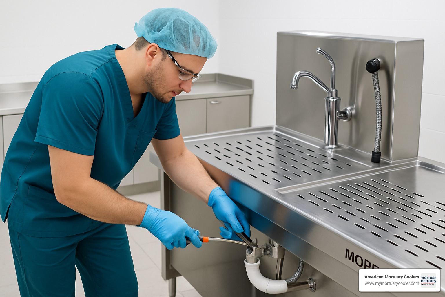 Technician servicing a Mopec flush embalming station - mopec flush embalming station