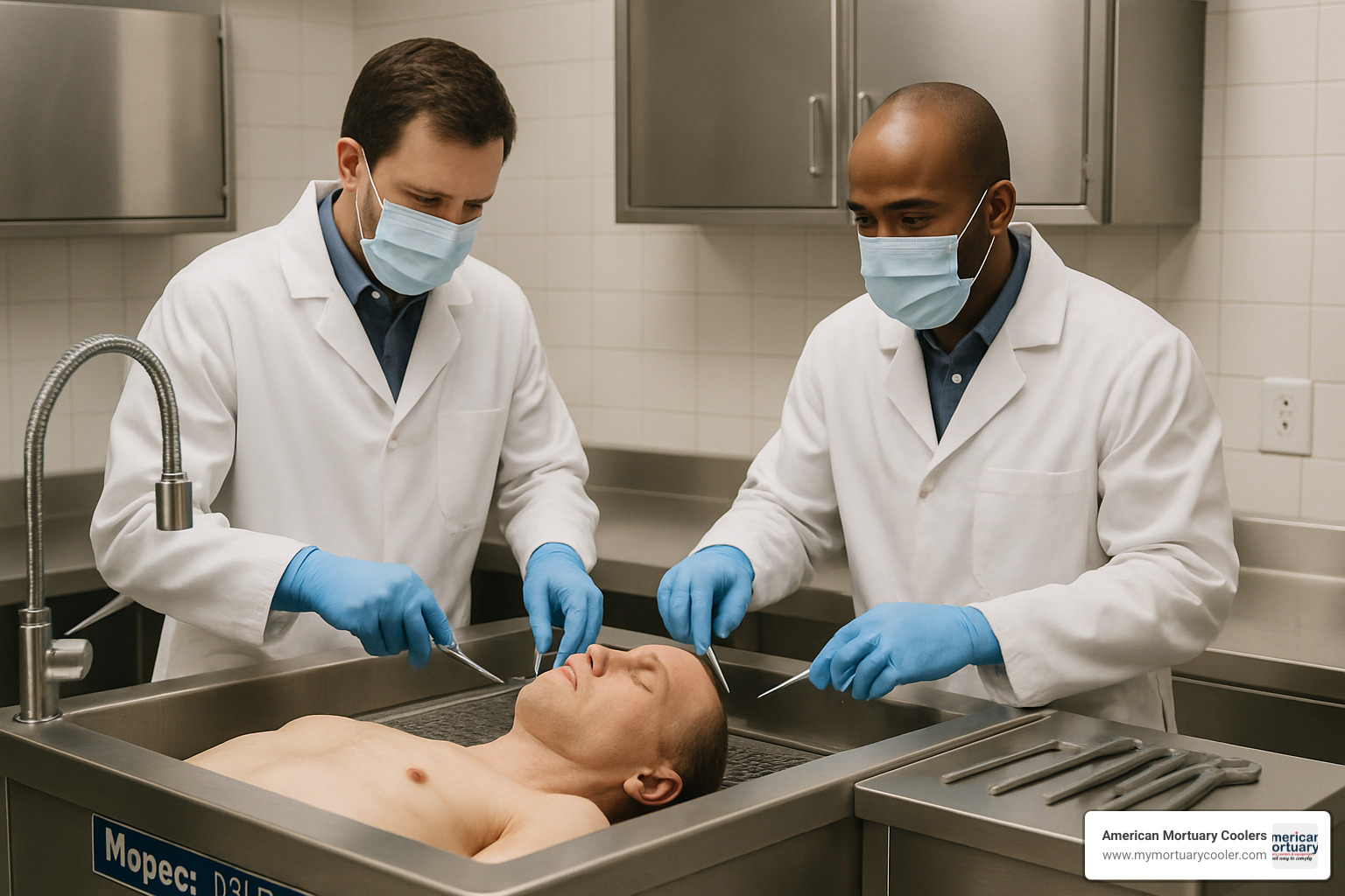 Embalmers working at a Mopec flush embalming station - mopec flush embalming station
