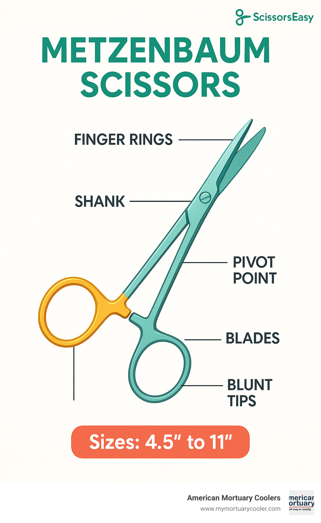 Detailed diagram of Metzenbaum scissors showing key components: finger rings, shank, pivot point, blades and blunt tips with labels for each part and size range information - metzenbaum scissors infographic 
