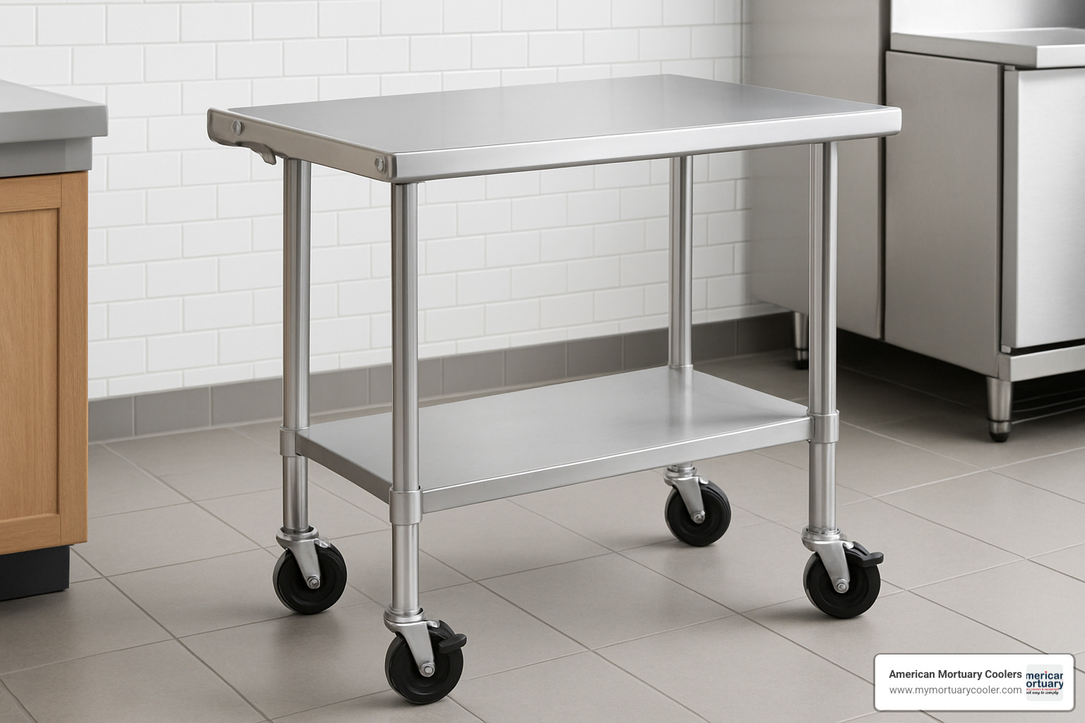Fold down prep table with added locking casters for mobility - fold down prep table