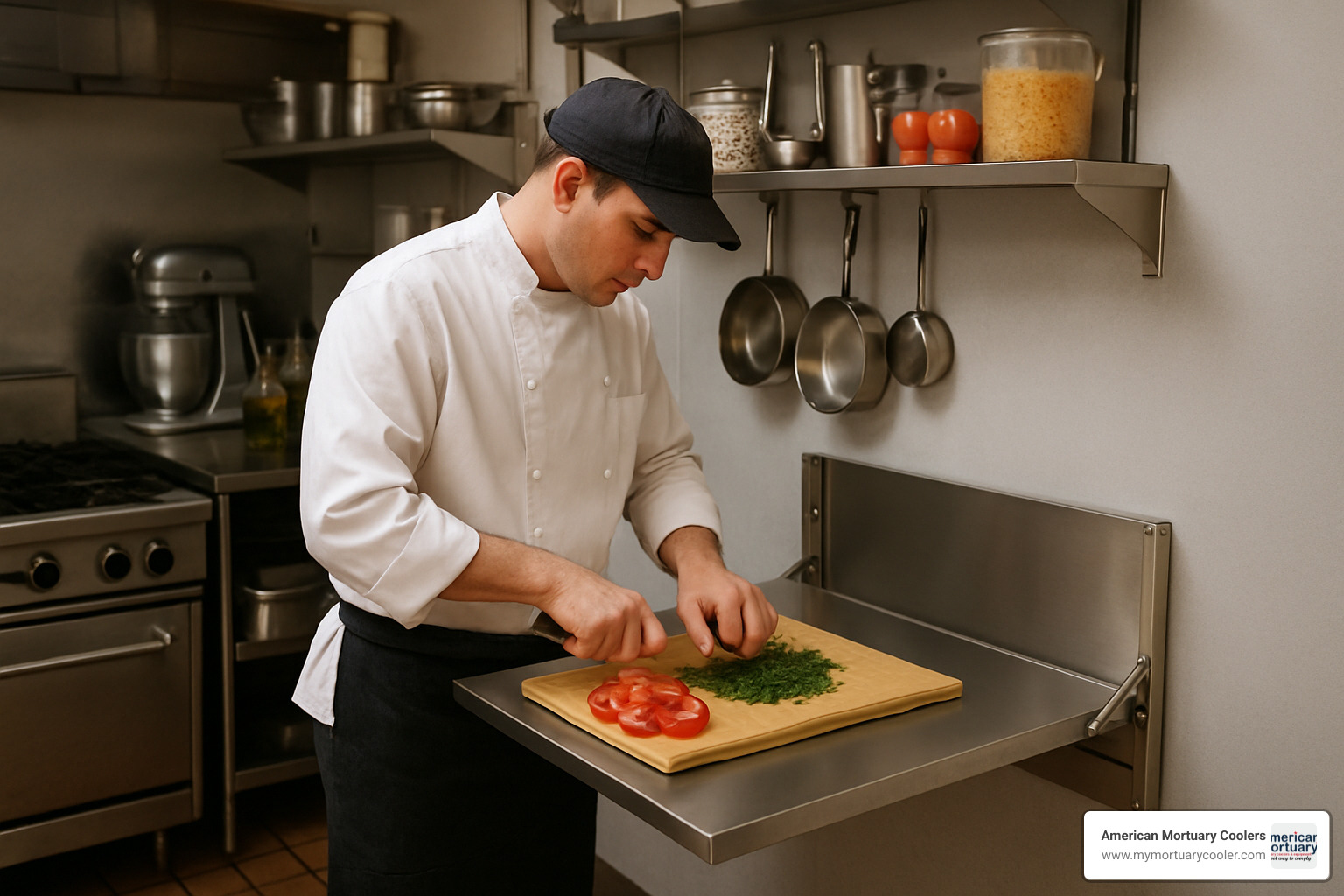 Chef using a fold down prep table in a small commercial kitchen - fold down prep table