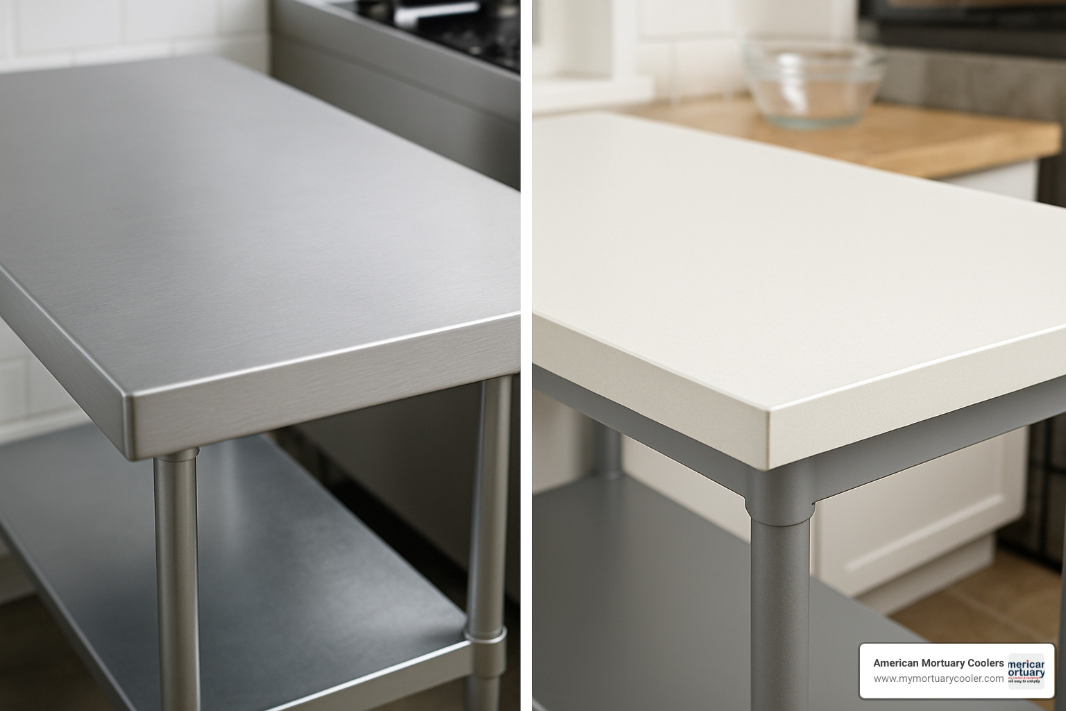 Comparison of stainless steel and melamine prep table surfaces - fold down prep table