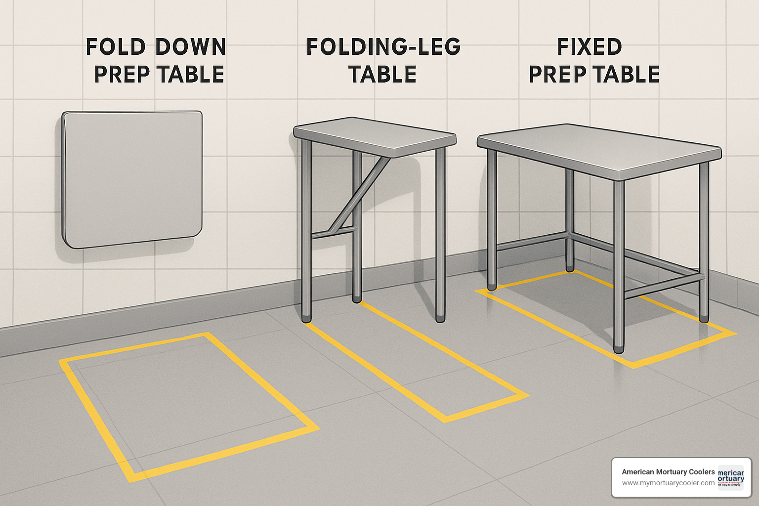 Side-by-side comparison of floor space usage between fold down and traditional tables - fold down prep table