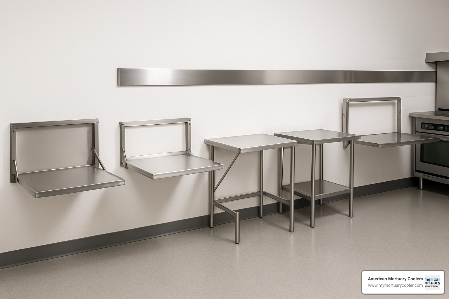 Lineup of five different fold down prep tables showing various designs and features - fold down prep table