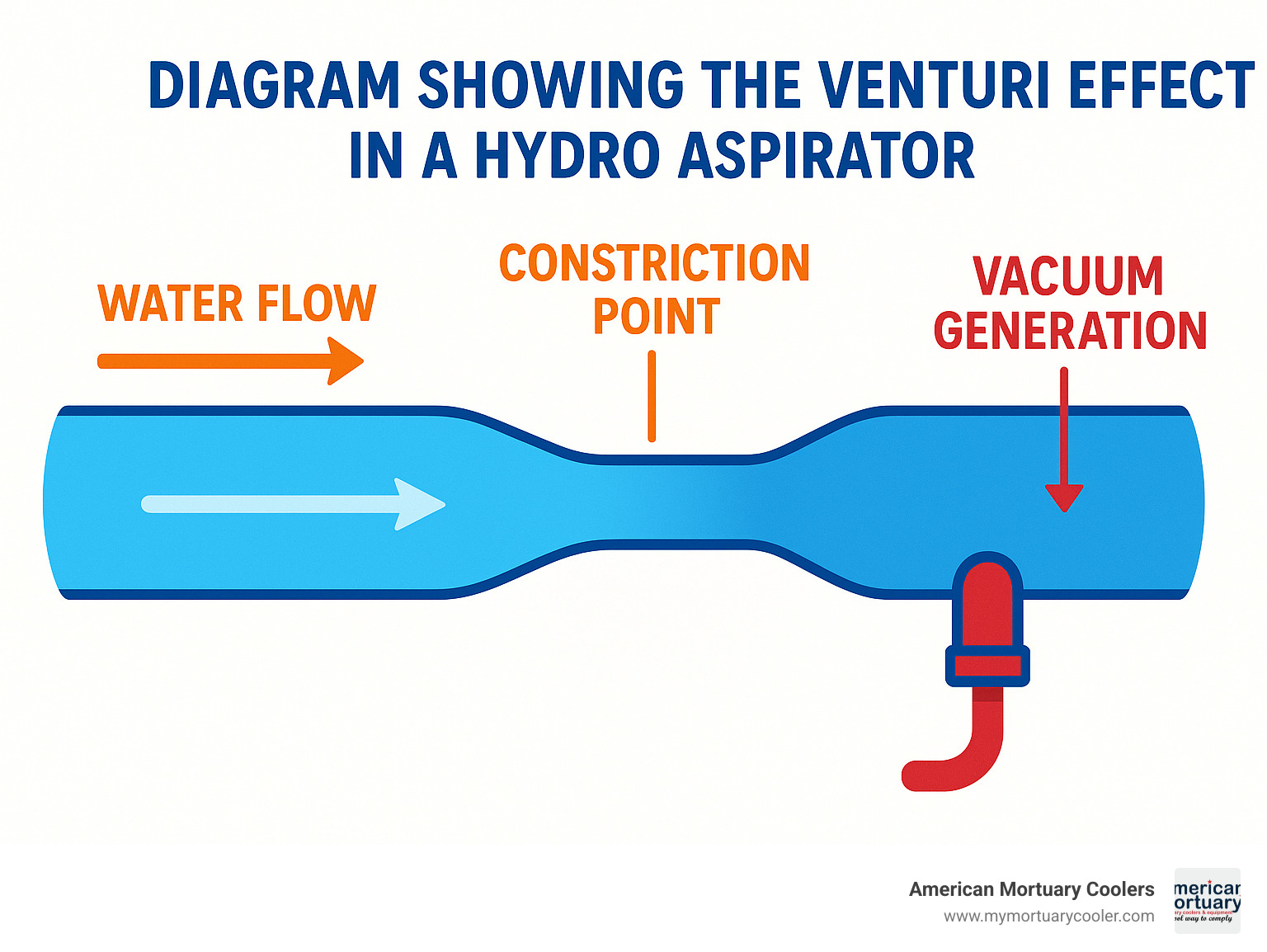 Diagram showing the Venturi effect in a hydro aspirator with water flow, constriction point, and resulting vacuum generation - hydro aspirator infographic 