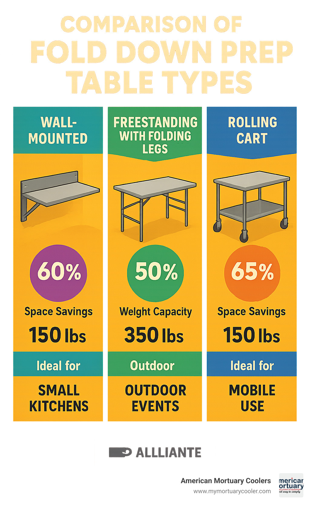 Comparison of fold down prep table types showing wall-mounted, freestanding with folding legs, and rolling cart designs with their space savings percentages, weight capacities, and ideal use cases - fold down prep table infographic 