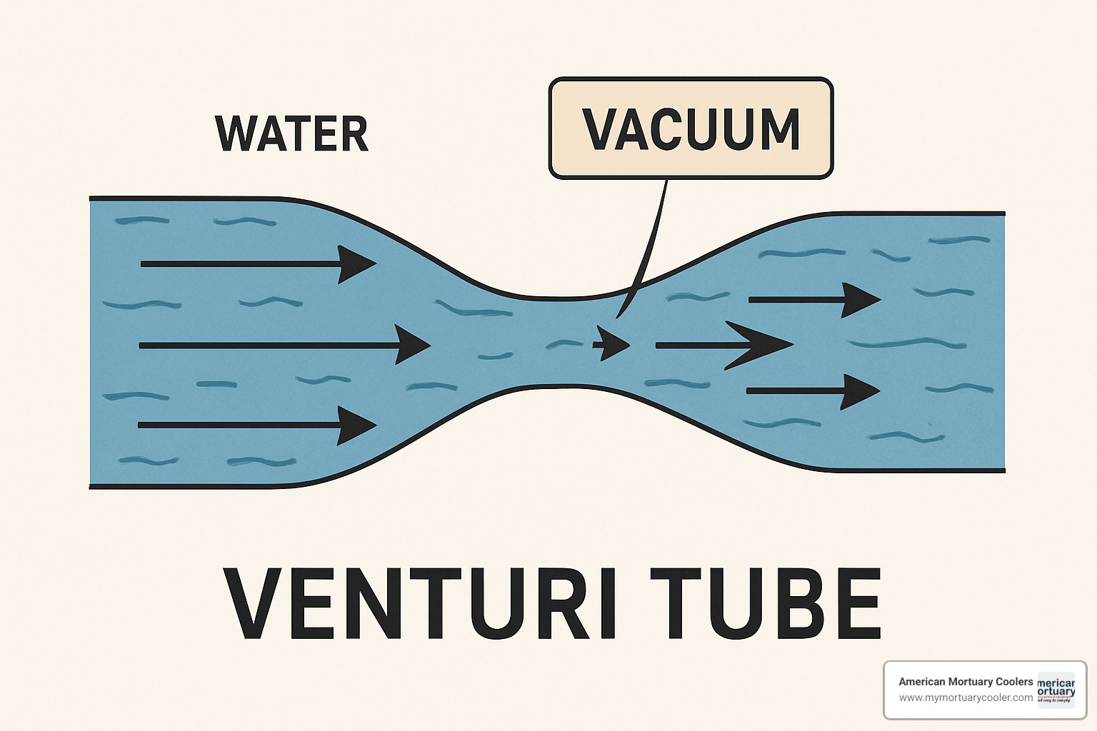 Cross-section of a Venturi tube showing water flow and vacuum generation - hydro aspirator