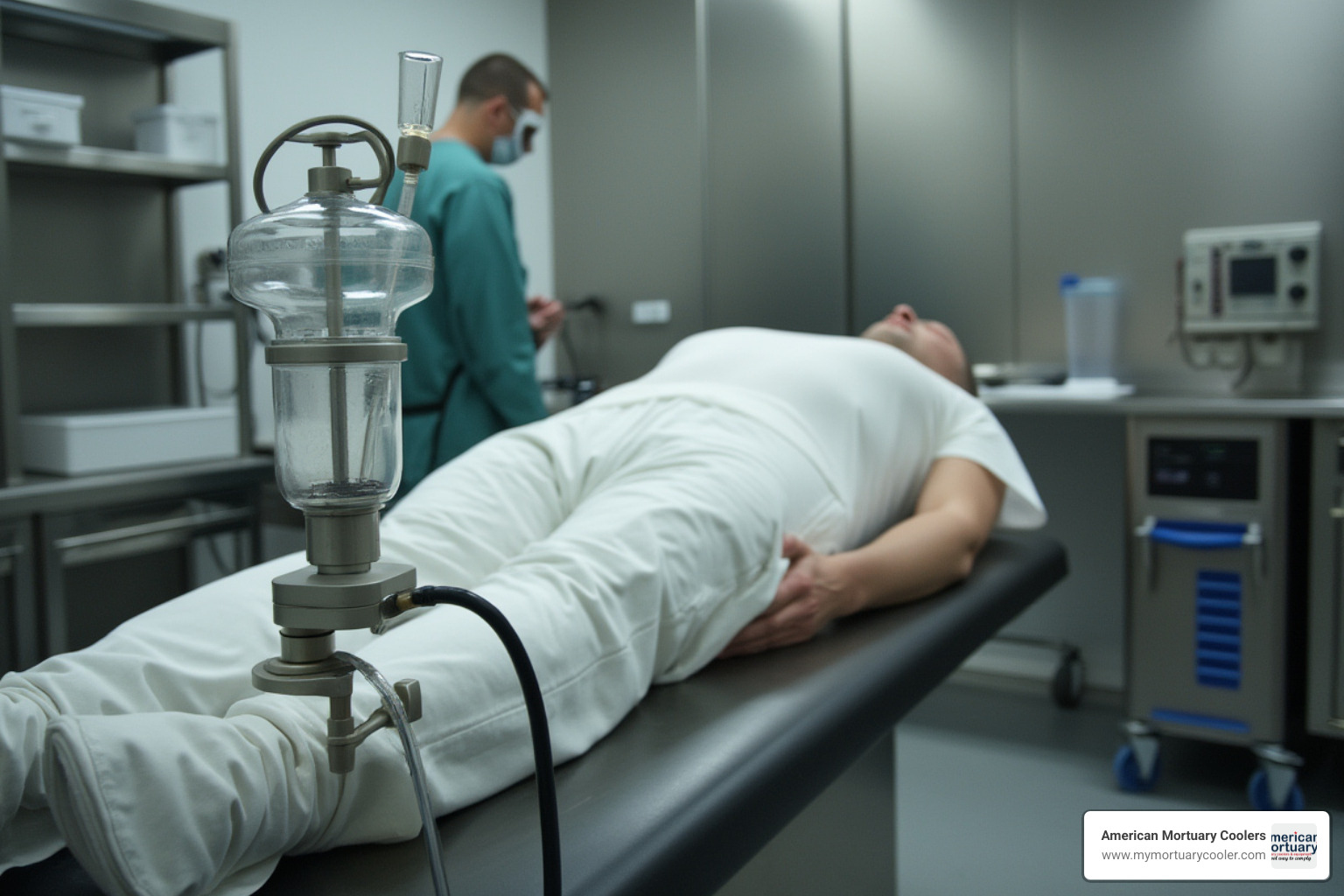 Trocar aspiration setup in mortuary preparation room - hydro aspirator