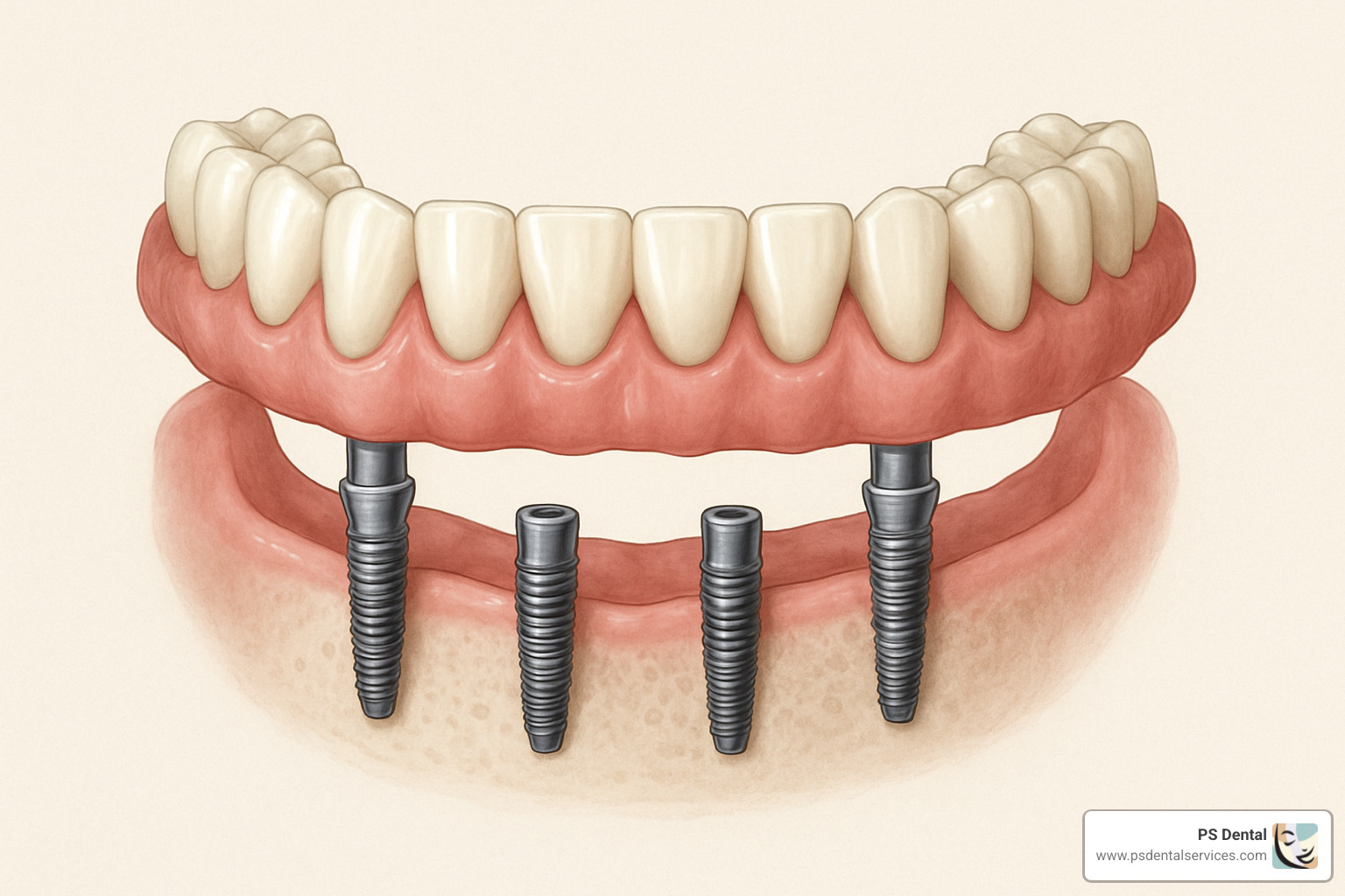 full arch dental implant restoration showing the All-on-4 technique with four implants supporting a complete set of teeth - Oregon dental implants