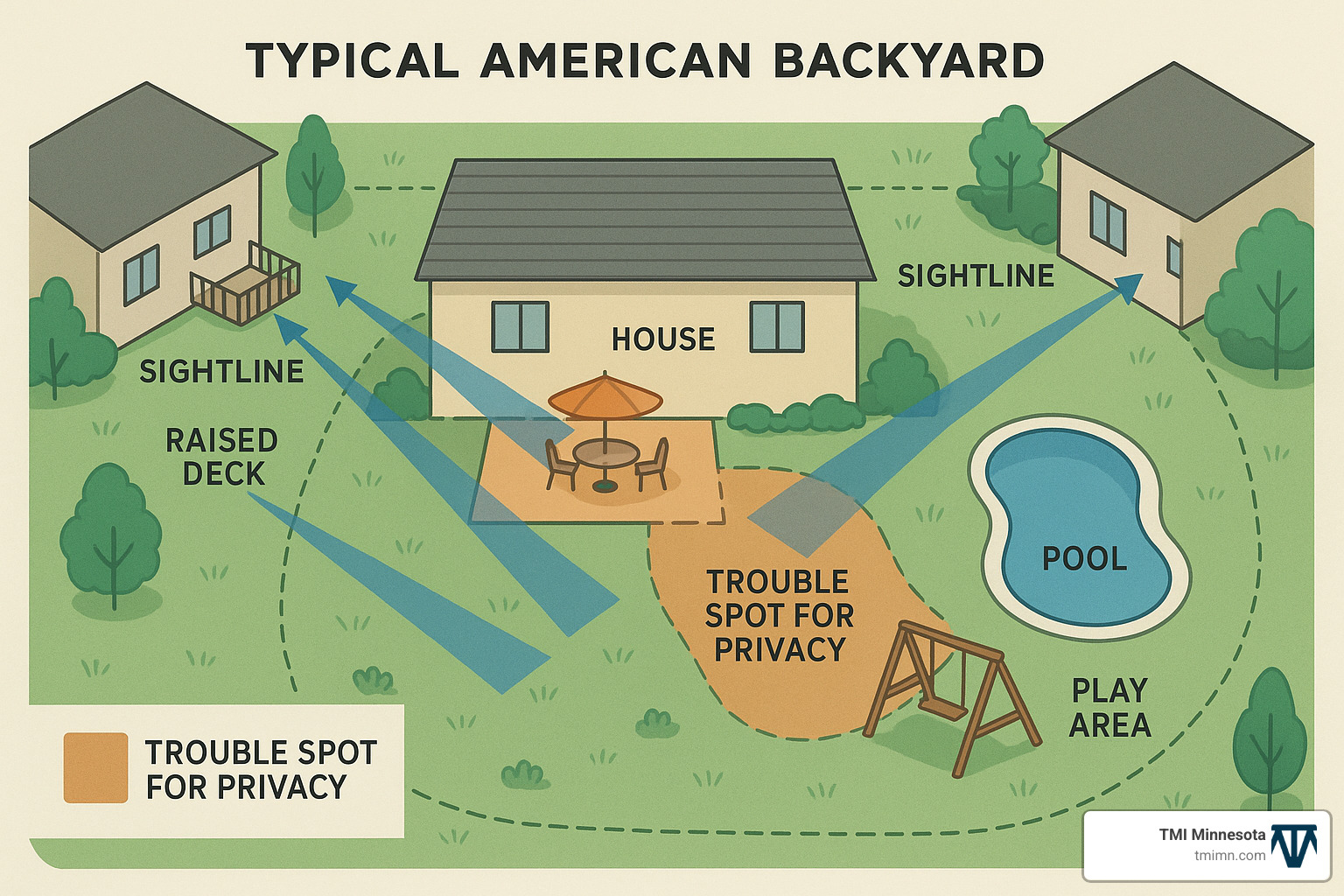 privacy mapping diagram showing sightlines and trouble spots - backyard privacy solutions