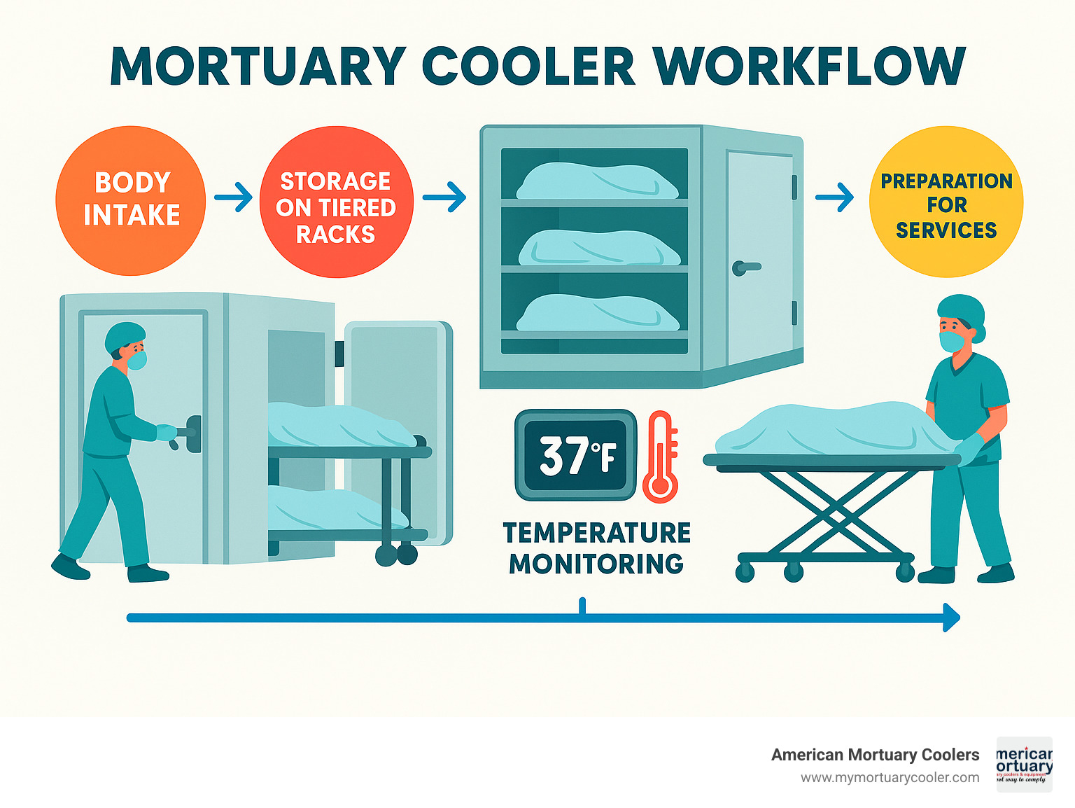 Mortuary cooler workflow showing body intake, storage on tiered racks, temperature monitoring, and preparation for services - 10x10mortuarycooler.com infographic 