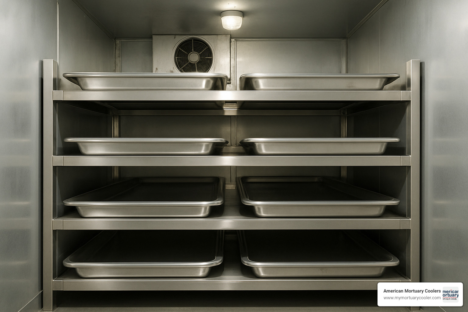 Mortuary cooler rack configuration showing tiered storage system - 10x10mortuarycooler.com