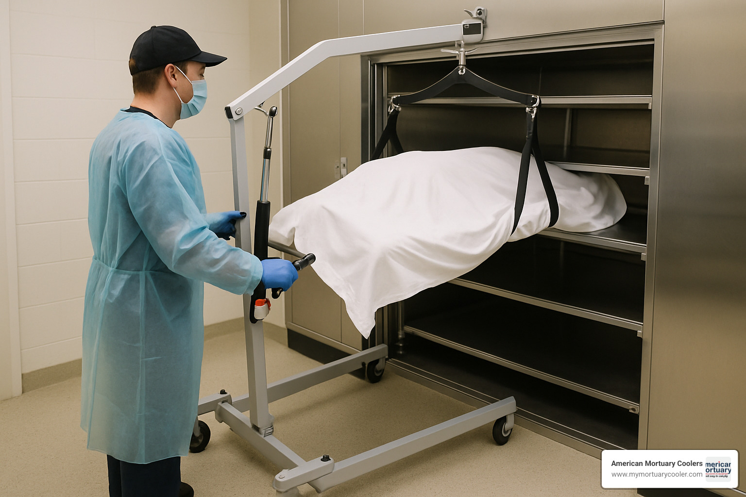 Body lift being used in mortuary setting - 10x10mortuarycooler.com