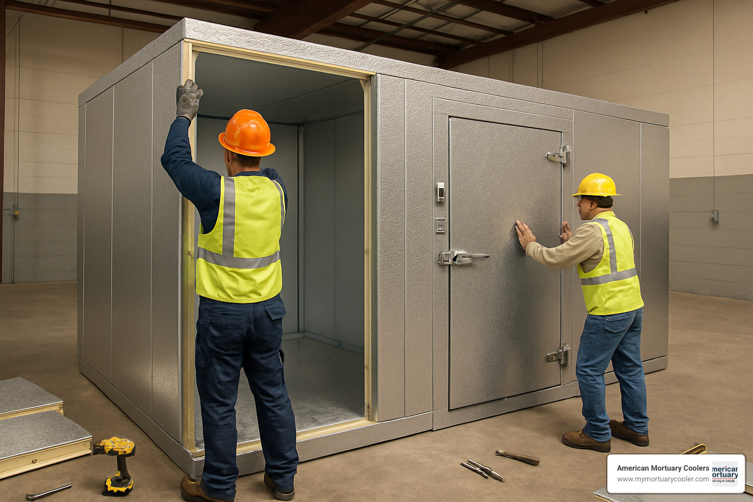 Technicians assembling a walk-in cooler on site - 10x10mortuarycooler.com