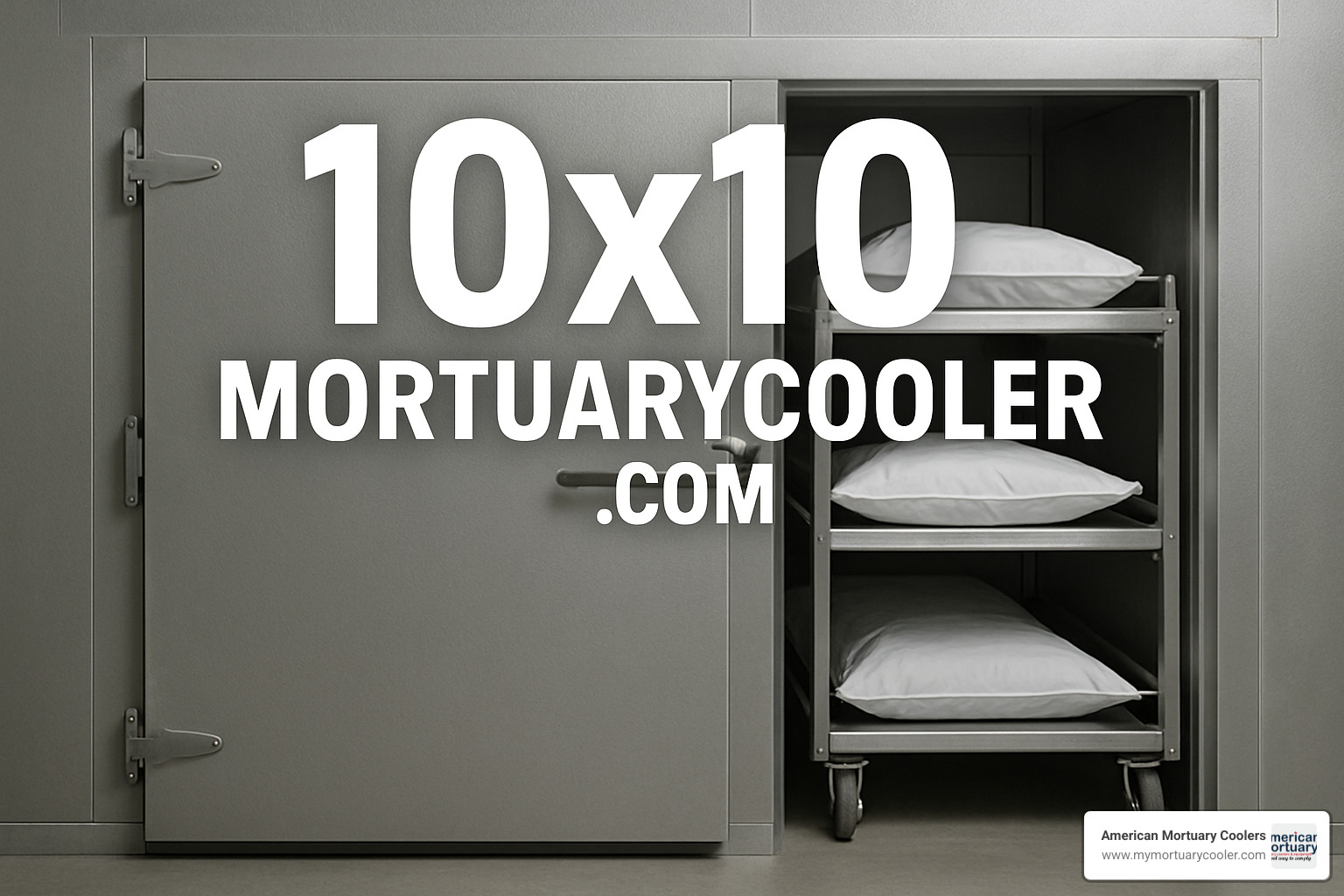 Warranty badges showing 1-year, 5-year, 15-year, and 50-year coverage - 10x10mortuarycooler.com
