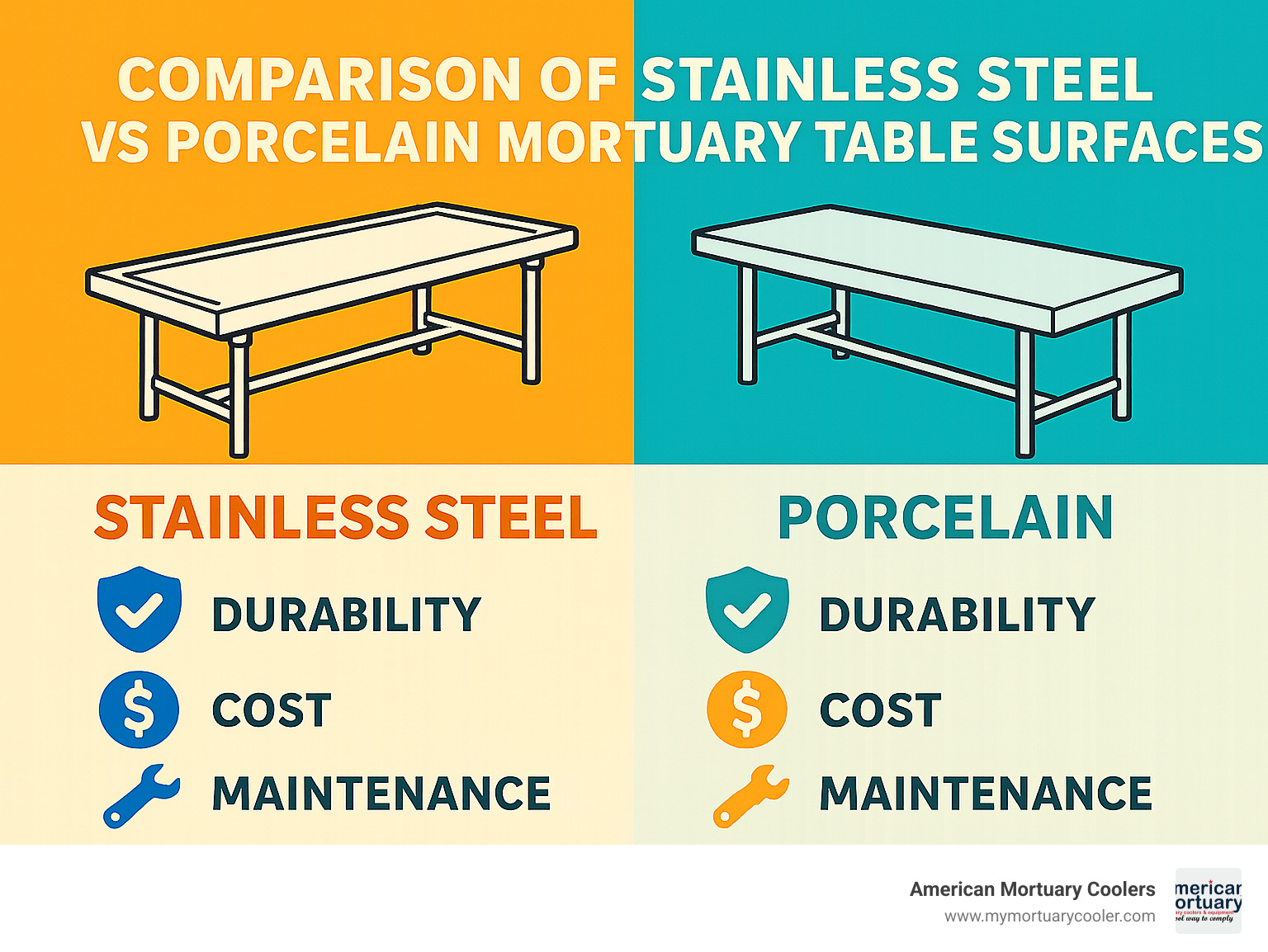 Comparison of stainless steel vs porcelain mortuary table surfaces showing durability, cost, and maintenance requirements - mortuary washing table infographic 