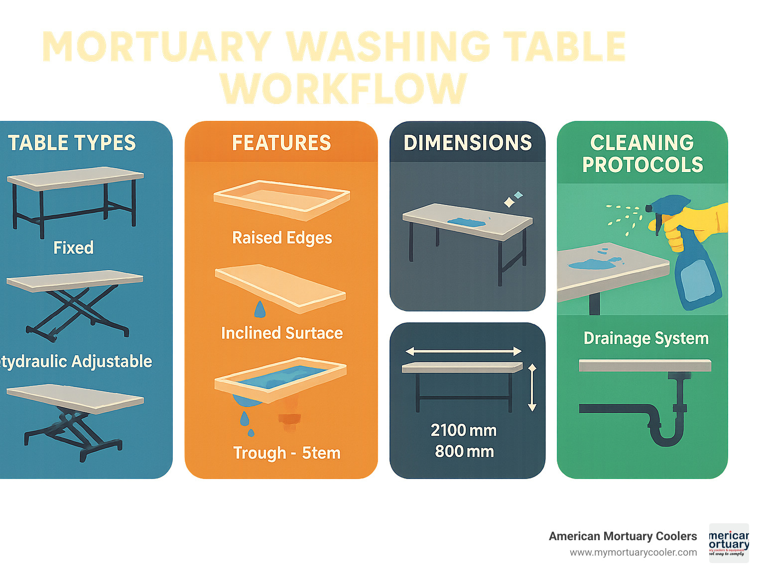 Mortuary washing table workflow showing table types, features, dimensions, and cleaning protocols with drainage system illustrations - mortuary washing table infographic 