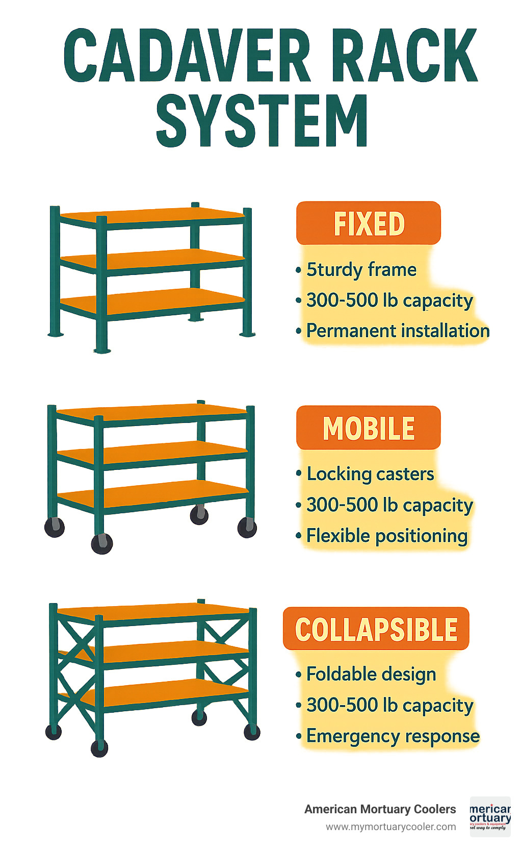 Infographic showing different types of cadaver rack systems including fixed, mobile, and collapsible designs with their key features, weight capacities, and appropriate applications - Cadaver Rack System infographic 
