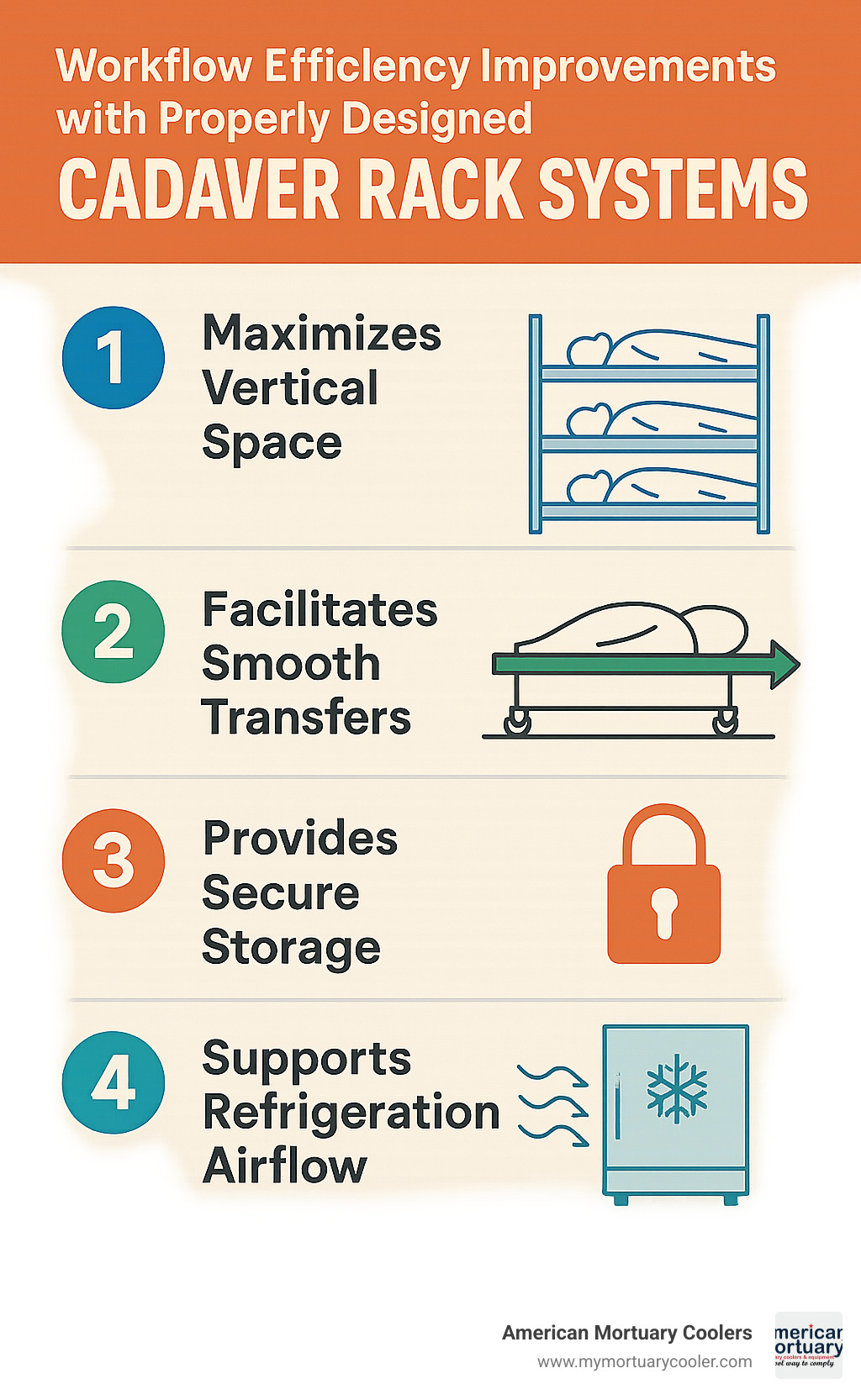Infographic showing workflow efficiency improvements with properly designed cadaver rack systems - Cadaver Rack System infographic 