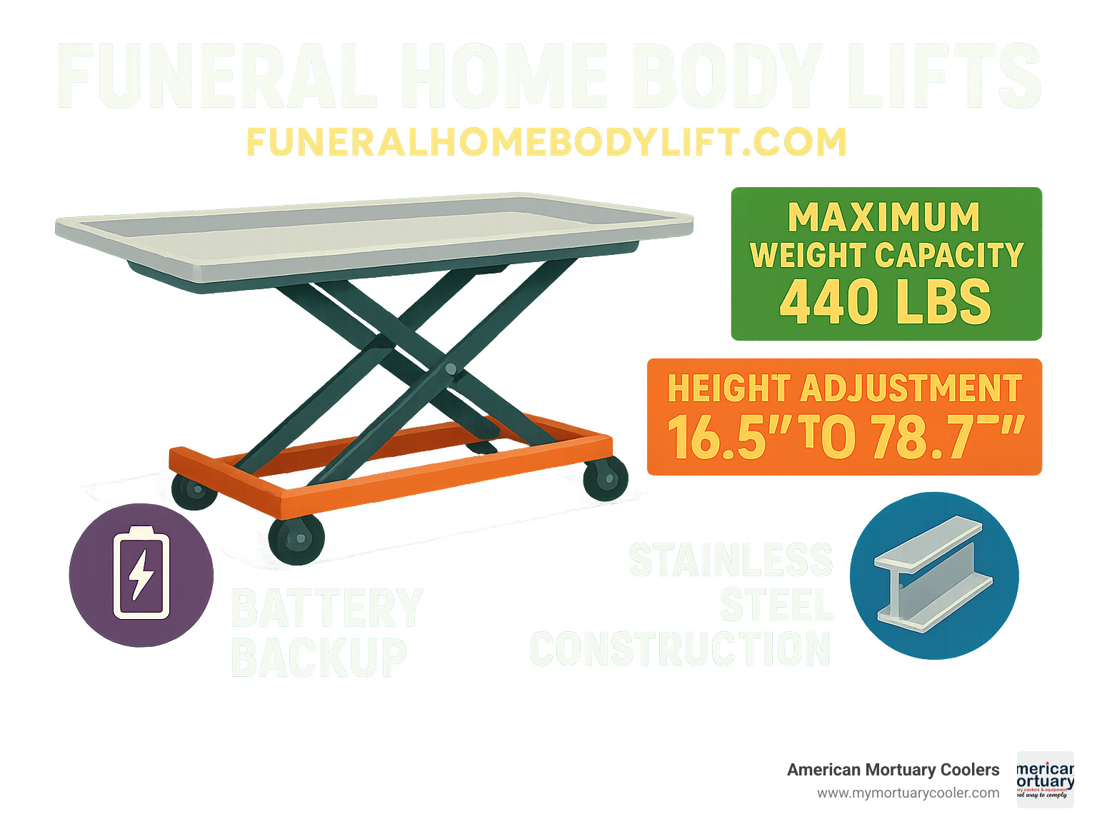 Detailed infographic showing the features and benefits of funeral home body lifts, including maximum weight capacity, height adjustment range, stainless steel construction, and battery backup functionality - funeralhomebodylift.com infographic 