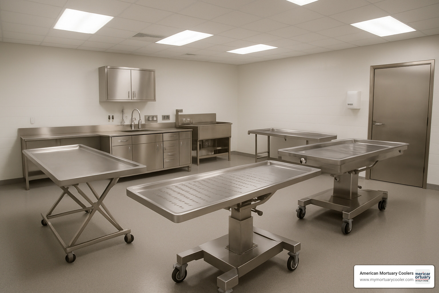 modern mortuary preparation room with multiple table types - www.mortuarytables.com