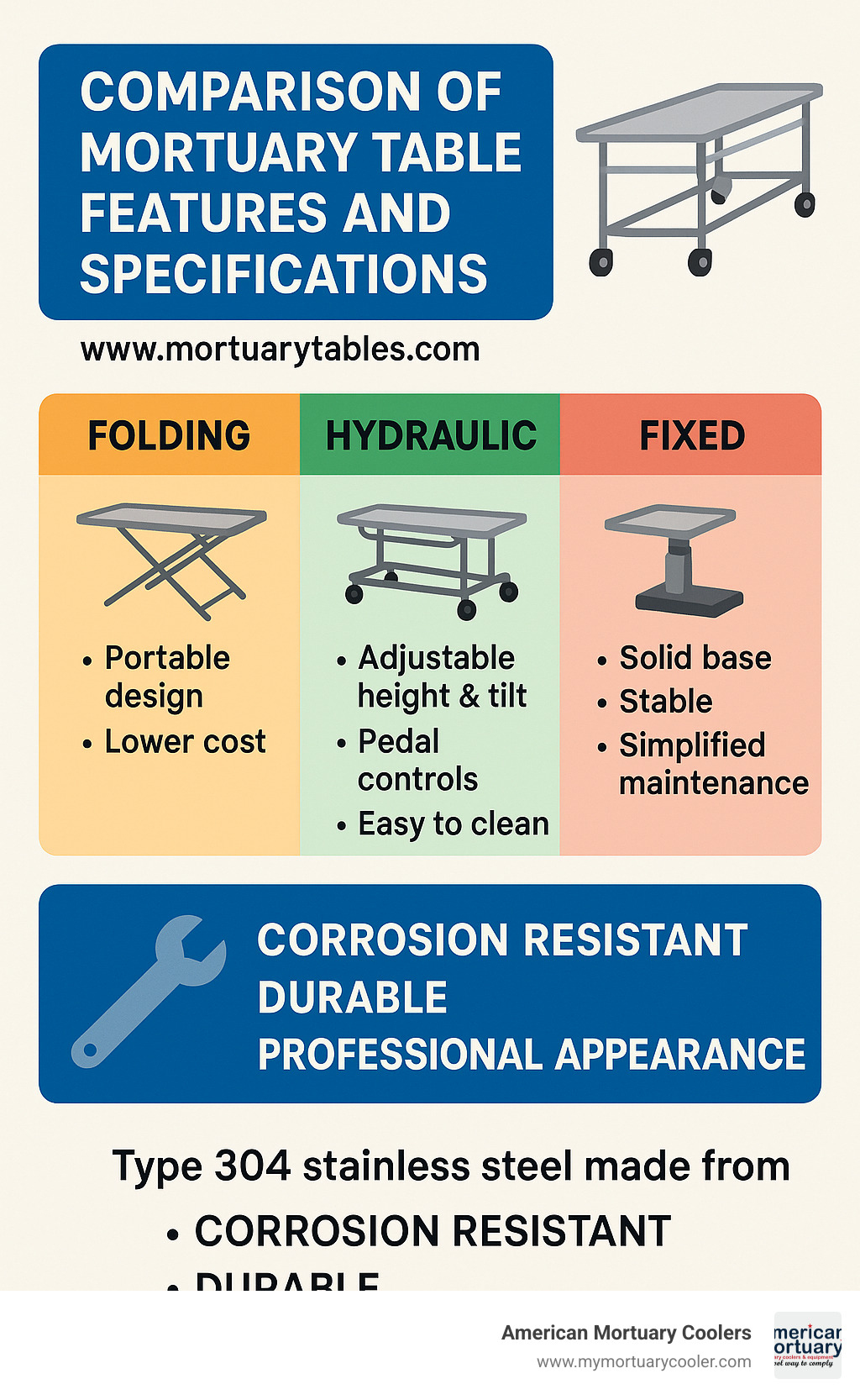 comparison of mortuary table features and specifications - www.mortuarytables.com infographic 