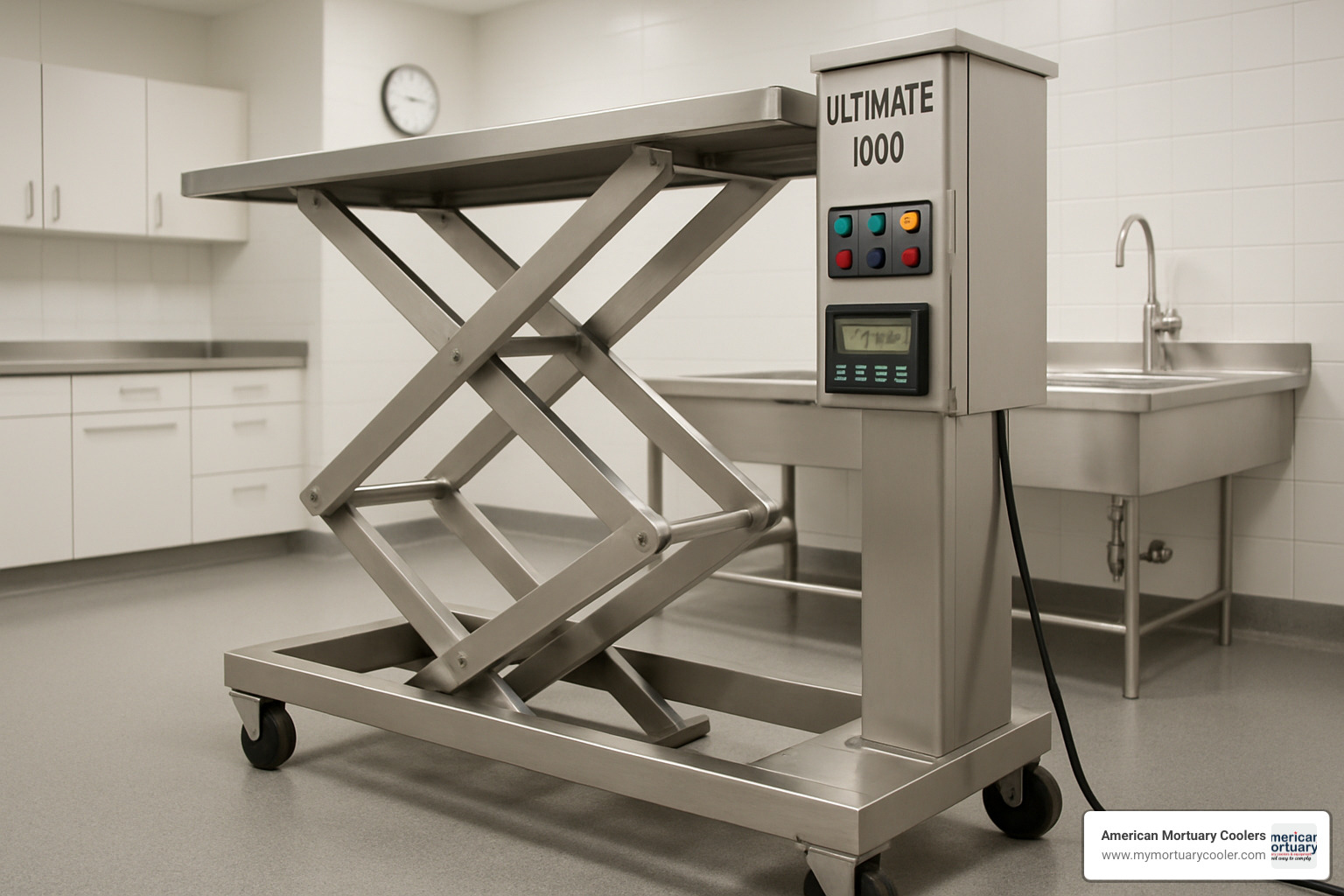 Ultimate 1000 Mortuary Lift in embalming suite - funeralhomebodylift.com
