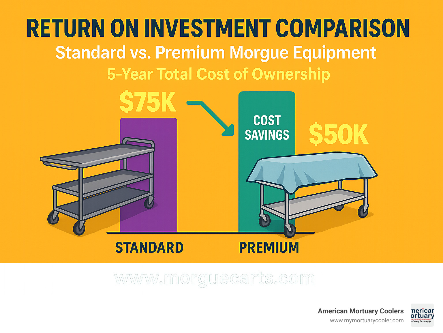 Return on investment comparison for standard vs. premium morgue equipment showing 5-year total cost of ownership - www.morguecarts.com infographic 