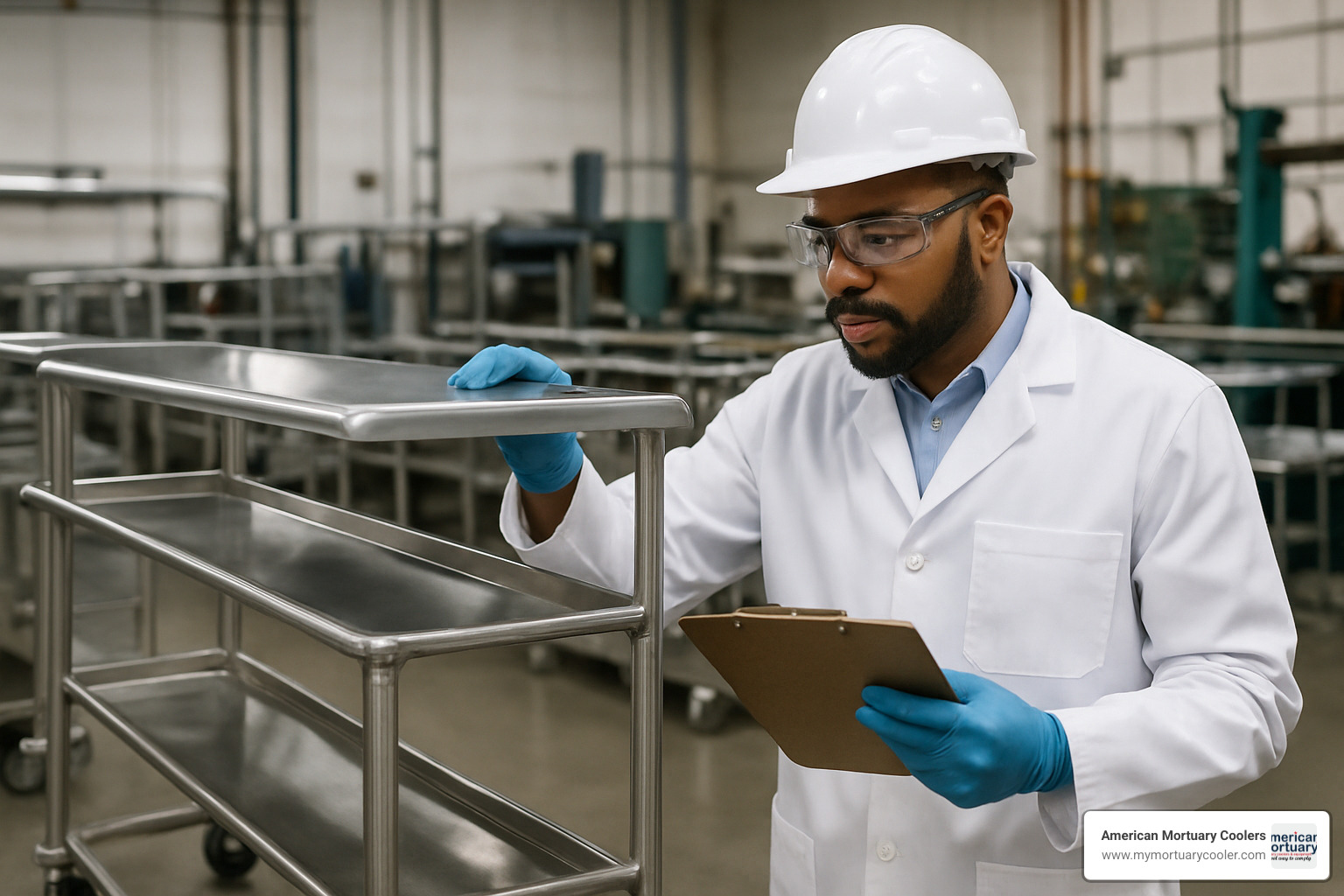 Quality control inspection of morgue cart manufacturing - www.morguecarts.com