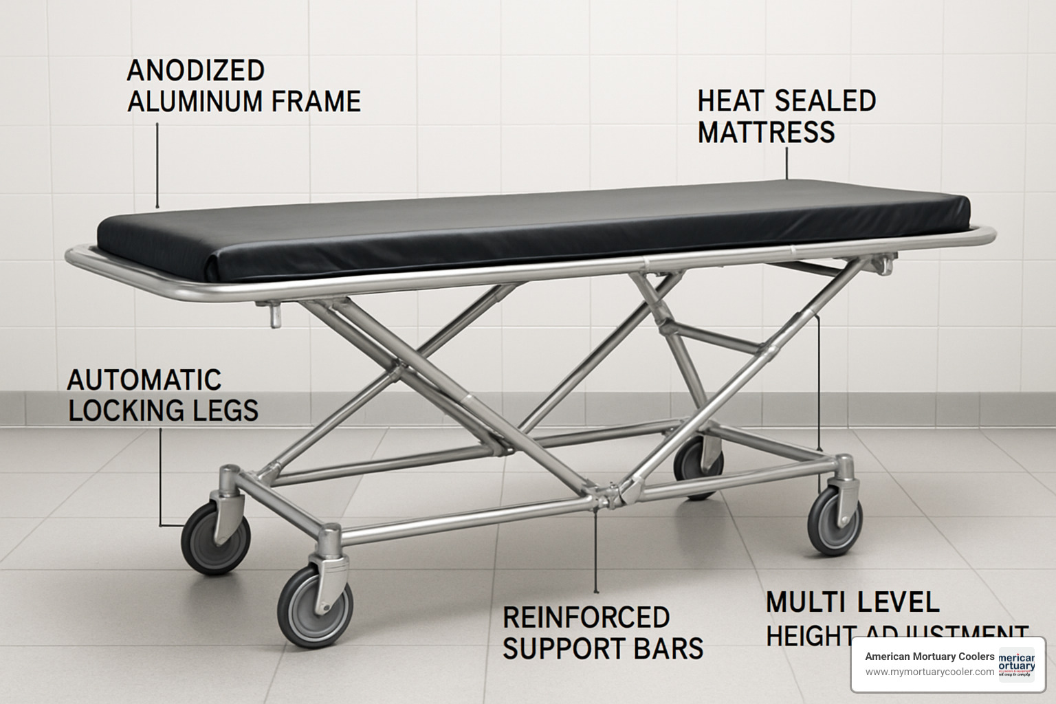 Detailed anatomy of a professional morgue cart - www.morguecarts.com