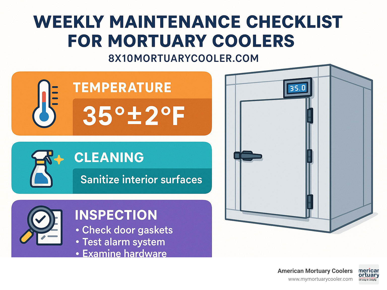 Weekly maintenance checklist for mortuary coolers showing temperature logs, cleaning schedules, and inspection points - 8x10mortuarycooler.com infographic 