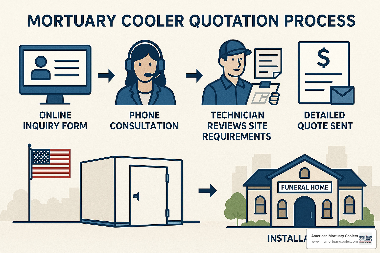 Mortuary cooler quotation process showing steps from initial inquiry to installation - 8x10mortuarycooler.com