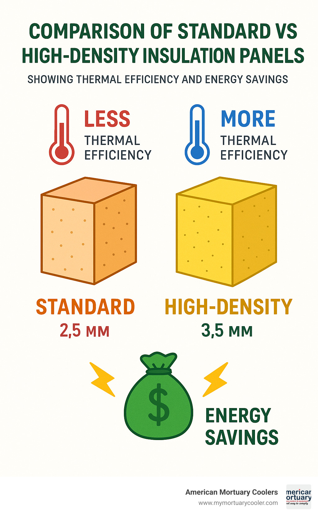 Comparison of standard vs high-density insulation panels showing thermal efficiency and energy savings - 8x10mortuarycooler.com infographic 
