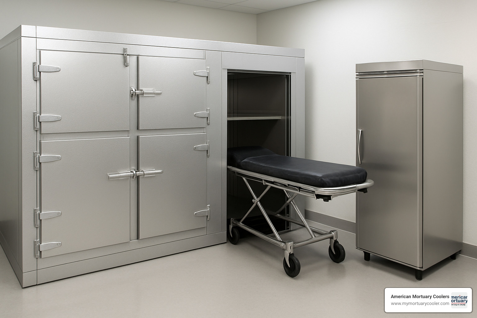 Different types of mortuary coolers including walk-in, roll-in, and upright models - www.morguecoolers.com