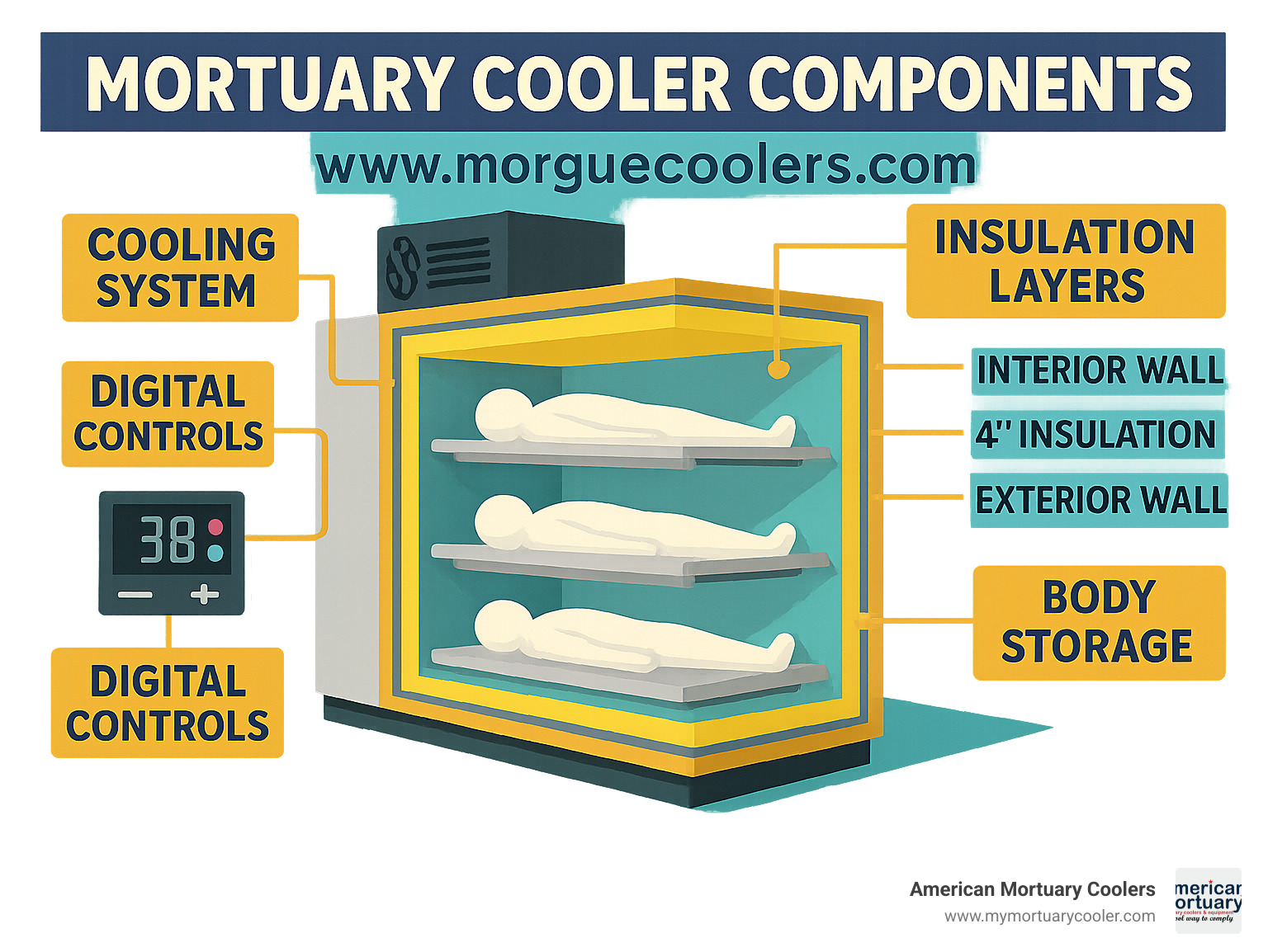 Detailed diagram showing mortuary cooler components including insulation layers, cooling system, digital controls, and body storage configuration - www.morguecoolers.com infographic 