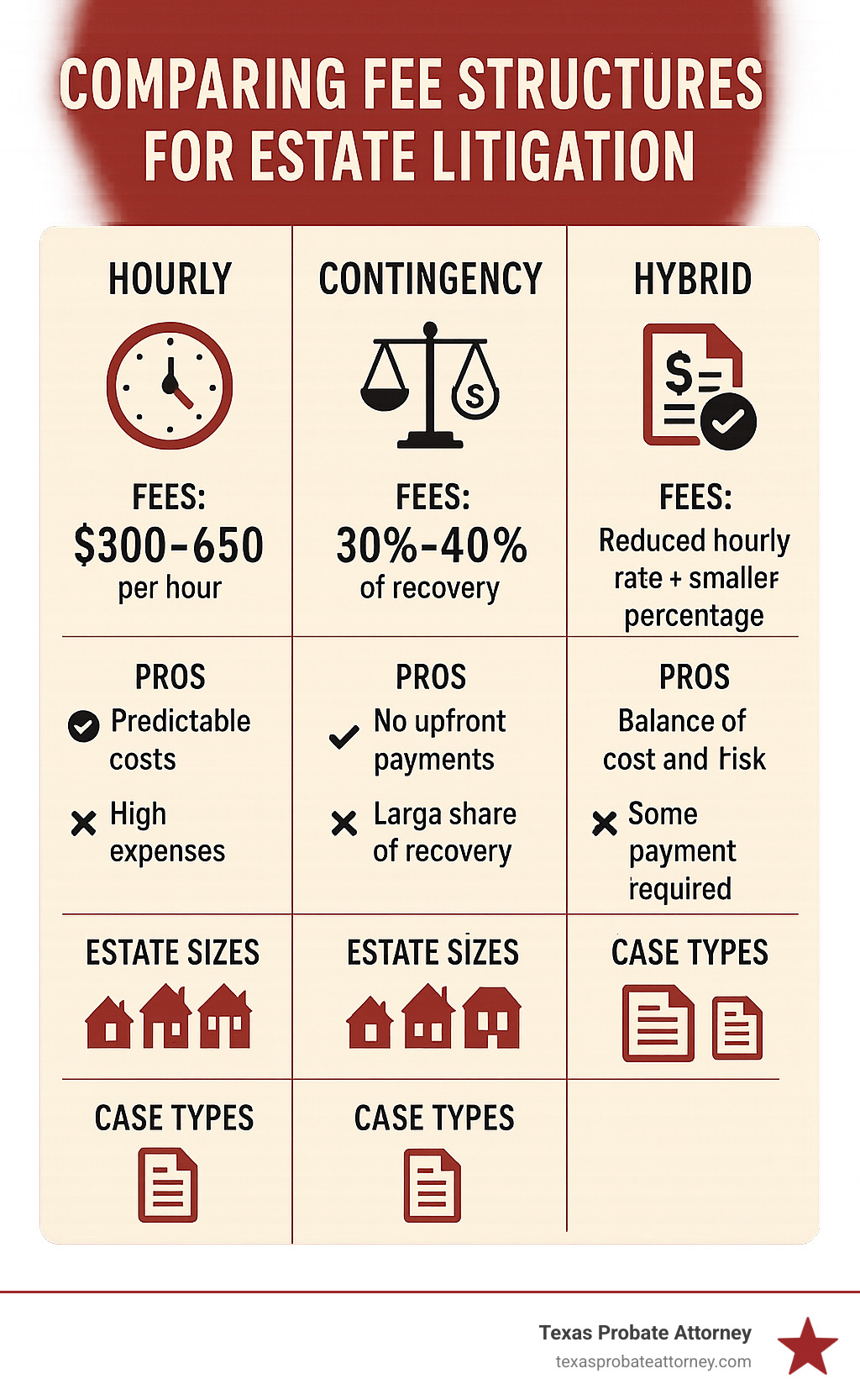 Comparison of different fee structures for estate litigation showing hourly, contingency, and hybrid models with their pros and cons for different estate sizes and case types - Texas estate litigation lawyer infographic 