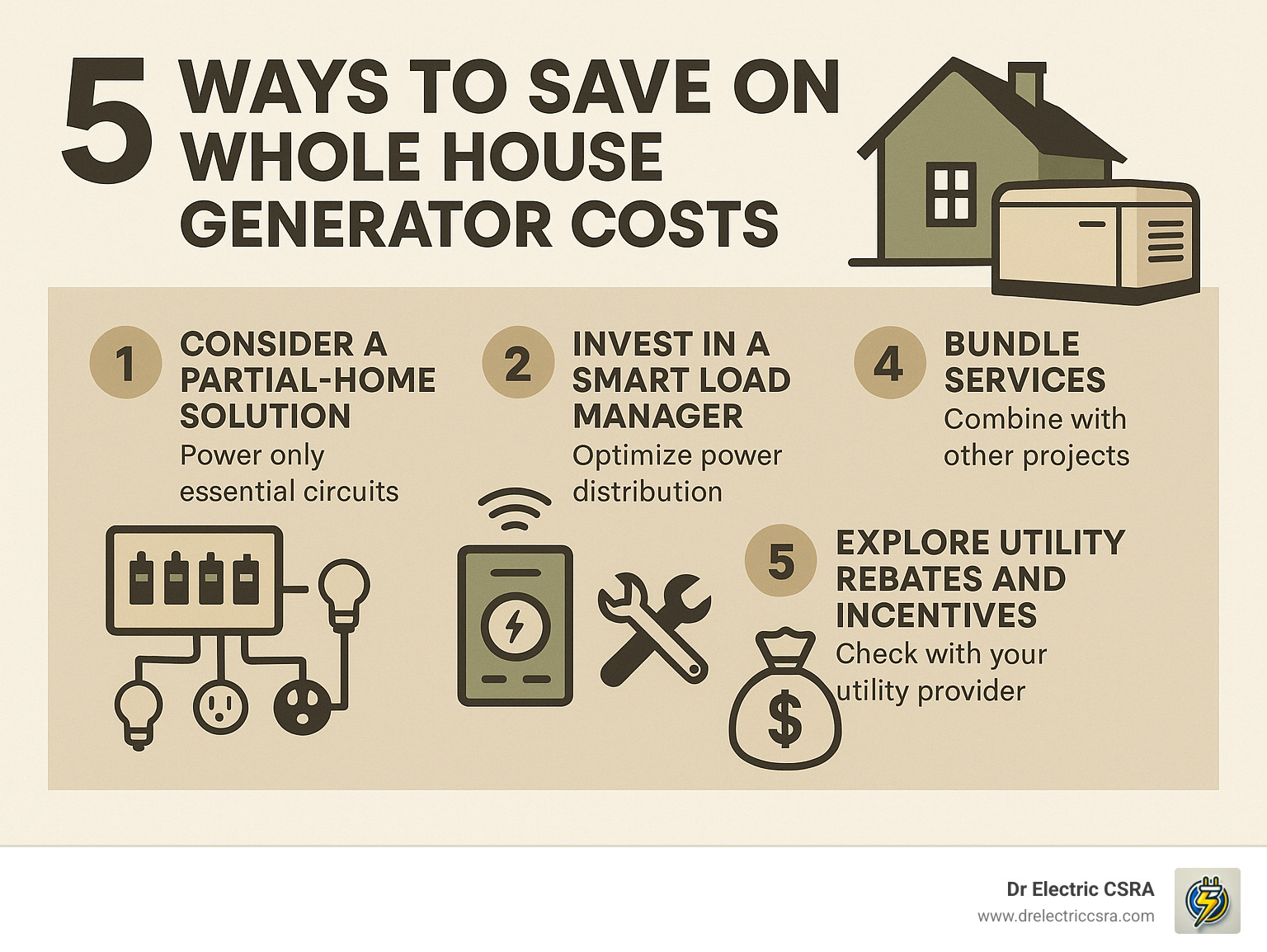 5 ways to save on whole house generator costs - full house generator price infographic 