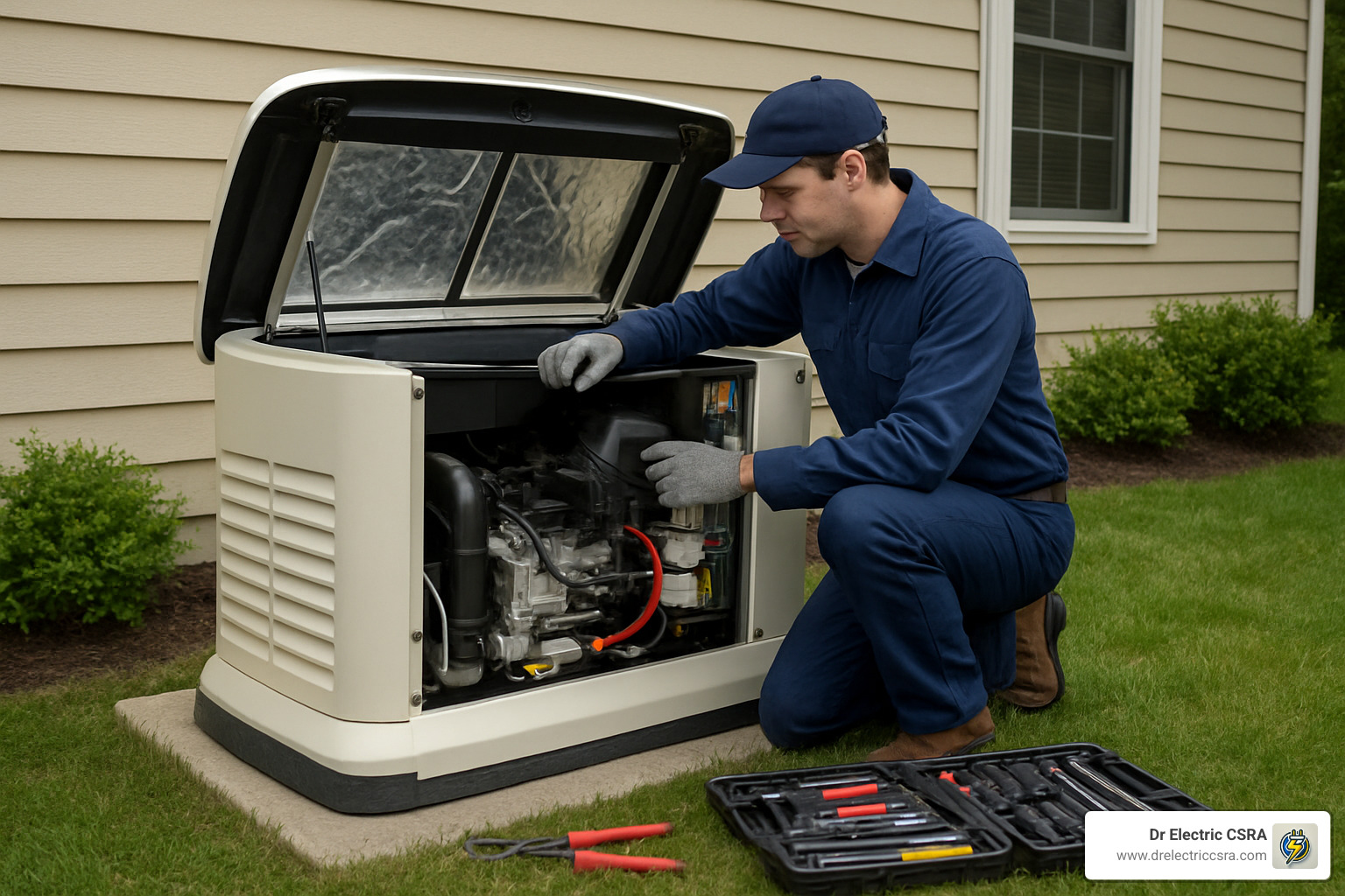 Technician performing maintenance on whole house generator - full house generator price
