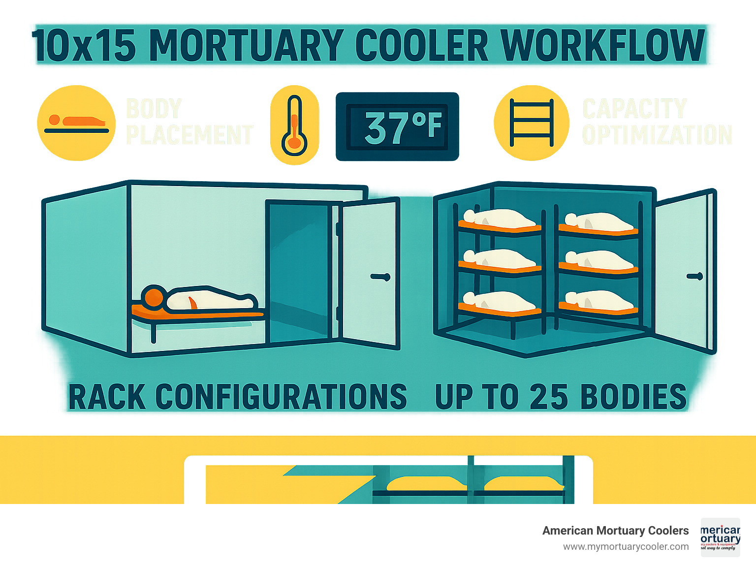 10x15 mortuary cooler workflow showing body placement, temperature control, and capacity optimization with rack configurations - 10x15mortuarycooler.com infographic 