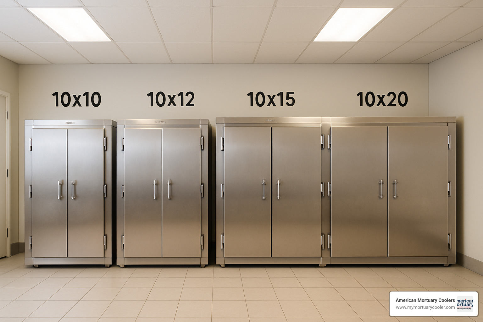 comparison lineup of different mortuary cooler sizes - 10x15mortuarycooler.com