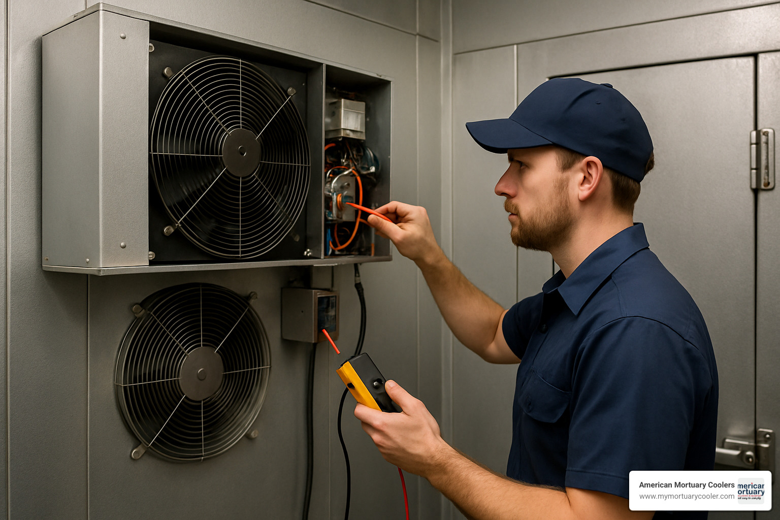 Technician servicing the condenser unit of a mortuary cooler - www.walkinmortuarycoolers.com