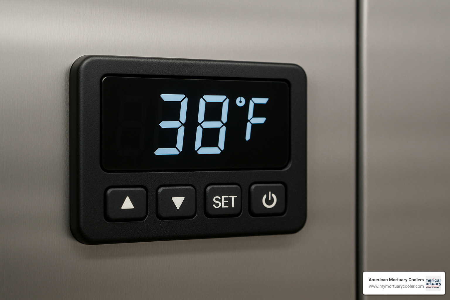Digital thermostat control panel with temperature display and adjustment buttons - www.walkinmortuarycoolers.com