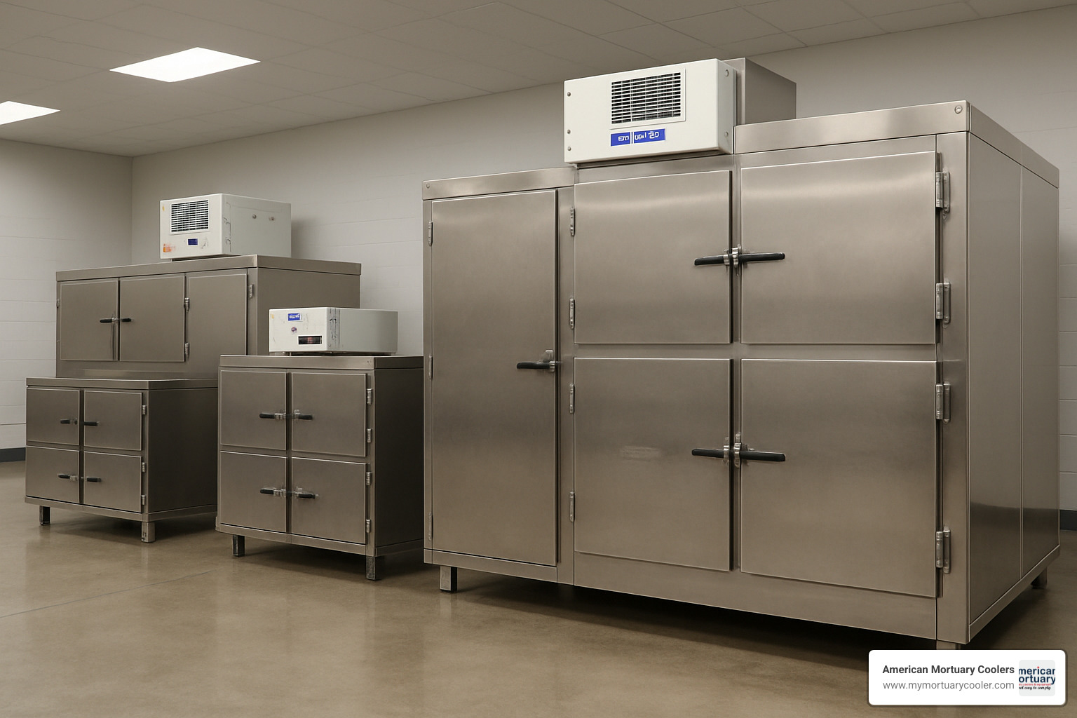 Product lineup showing various mortuary cooler models and sizes - www.walkinmortuarycoolers.com
