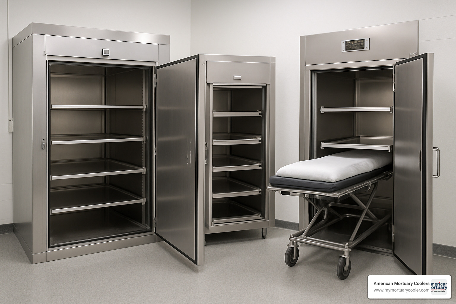 Different types of mortuary coolers including walk-in, upright, and roll-in models - www.walkinmortuarycoolers.com