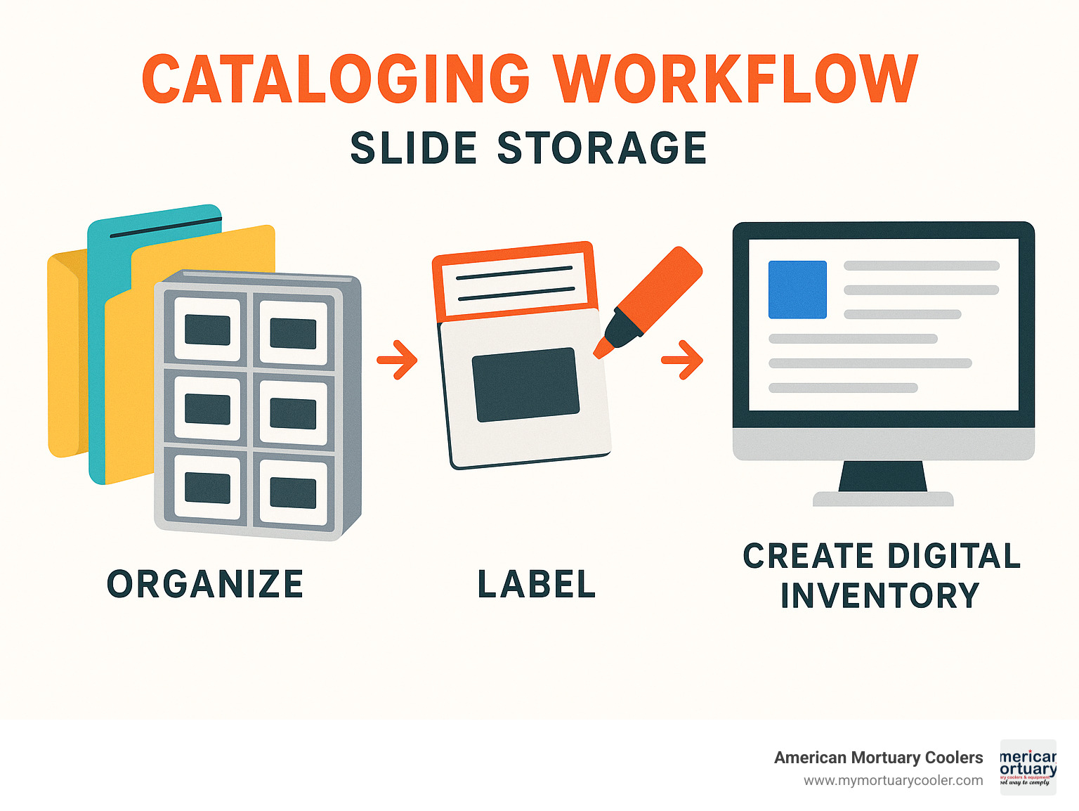 Cataloging workflow showing organizing, labeling, and digital inventory creation - slide storage infographic 