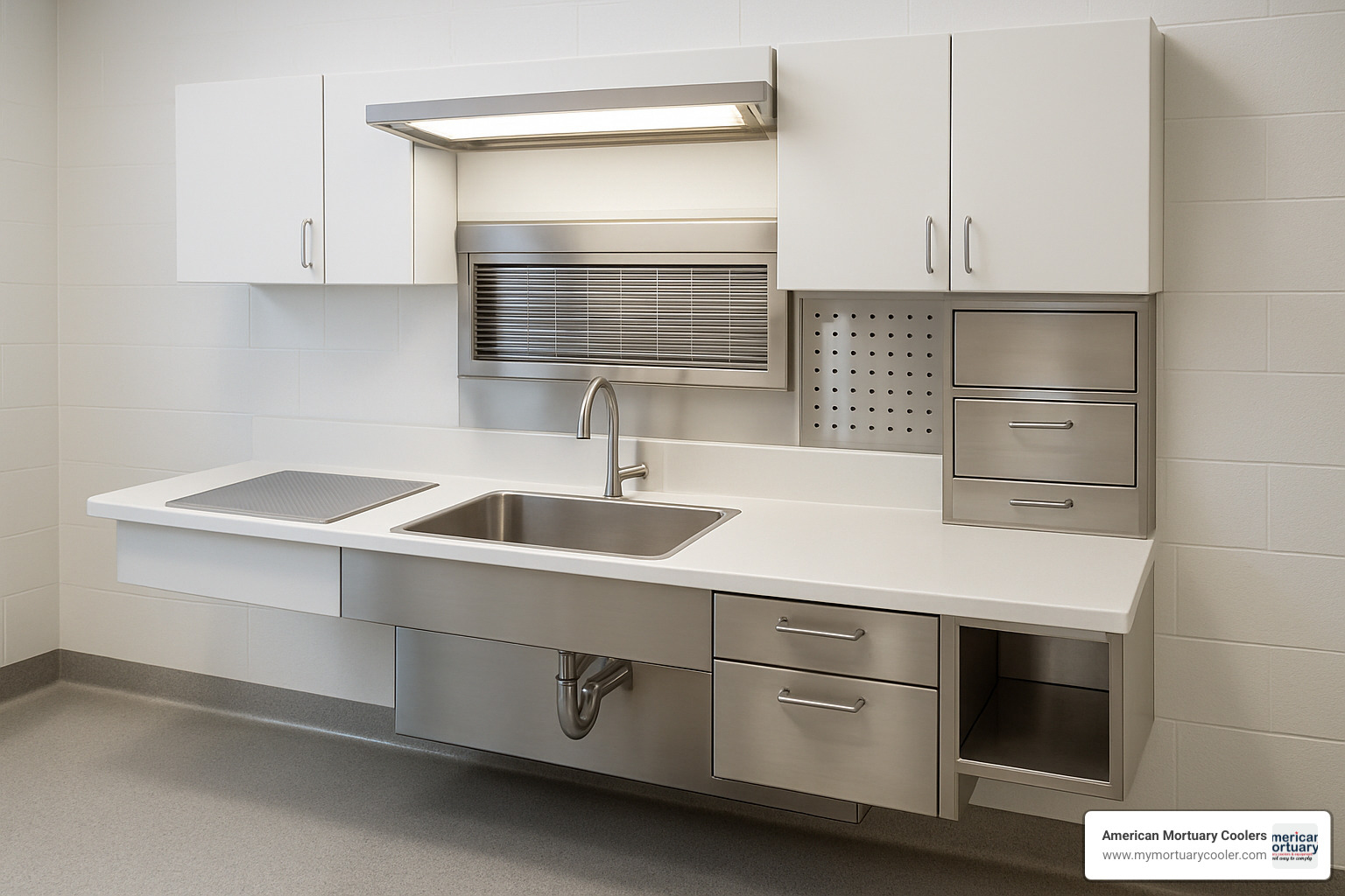 wall-mounted autopsy station with center sink - mortech manufacturing inc