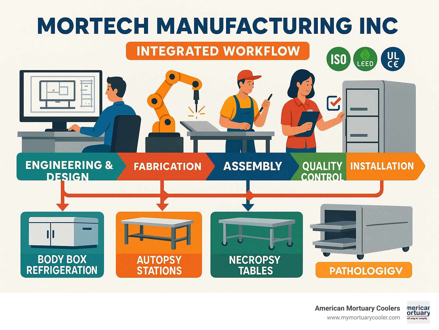 Detailed infographic showing Mortech Manufacturing's integrated workflow from engineering and design through fabrication, assembly, quality control, and installation, with certification badges and key product categories - mortech manufacturing inc infographic 