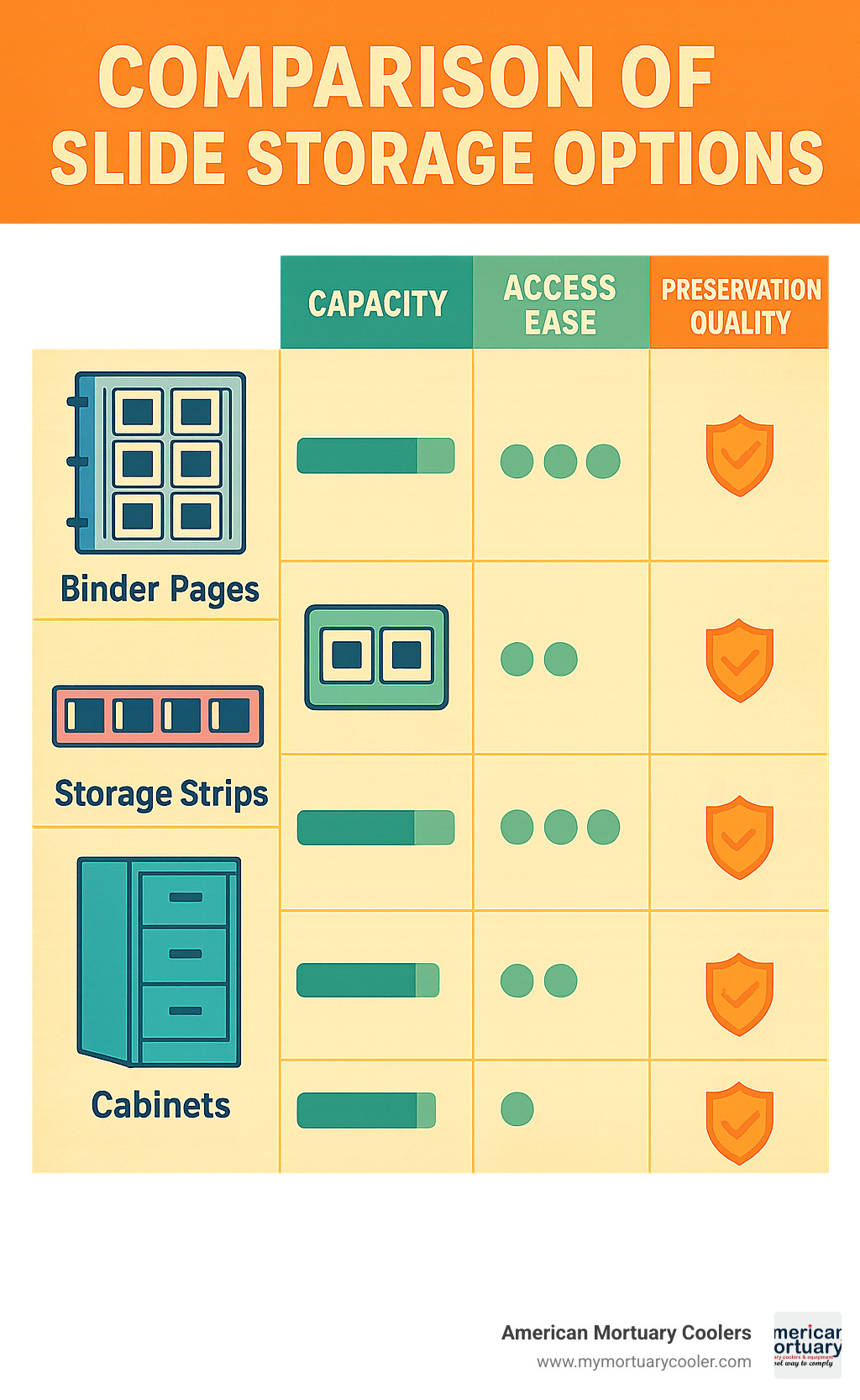 Comparison chart of slide storage options by capacity, access ease, and preservation quality - slide storage infographic 